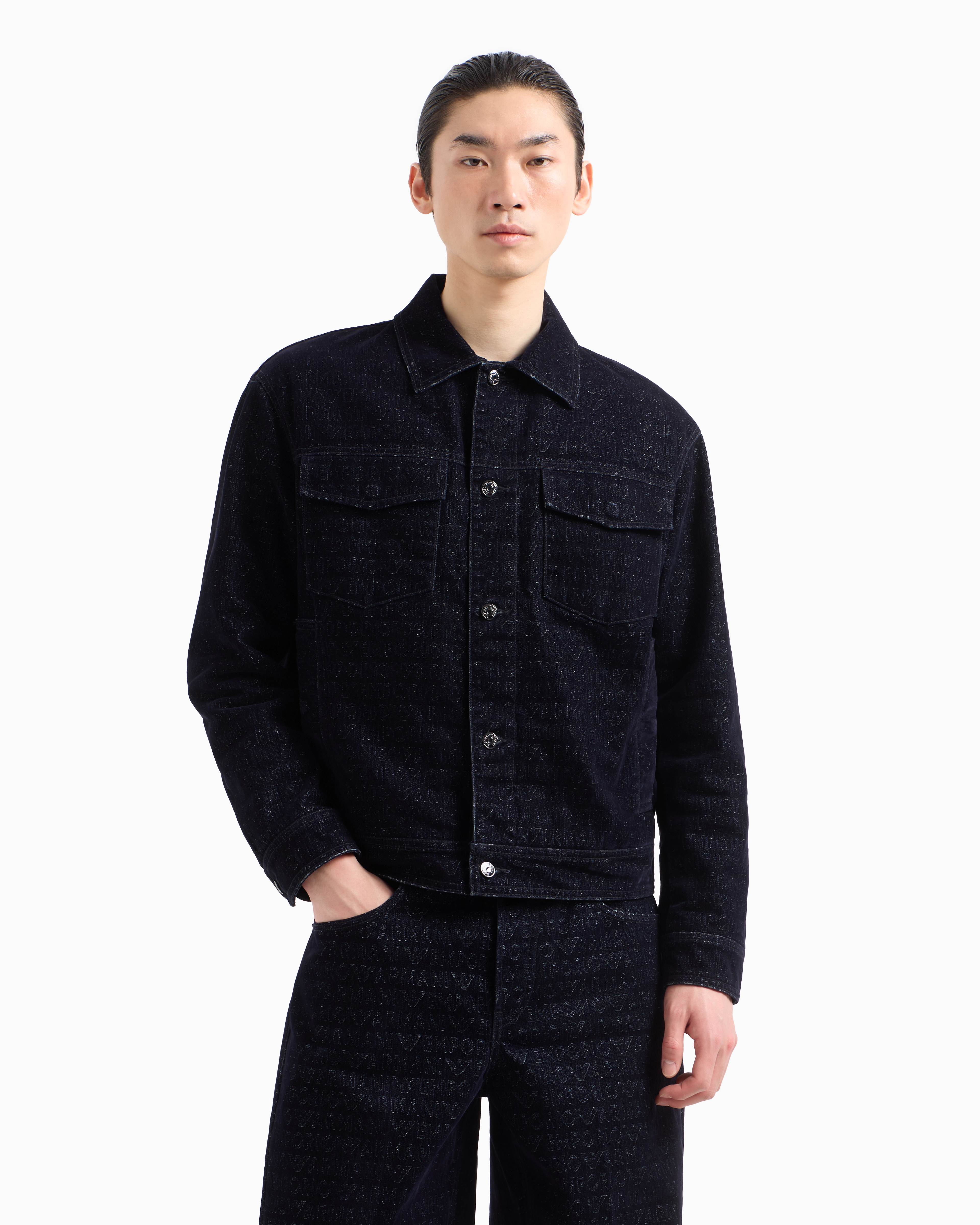 Emporio Armani Denim Jacket With All-over Flocked Logo Lettering In Navy_blue
