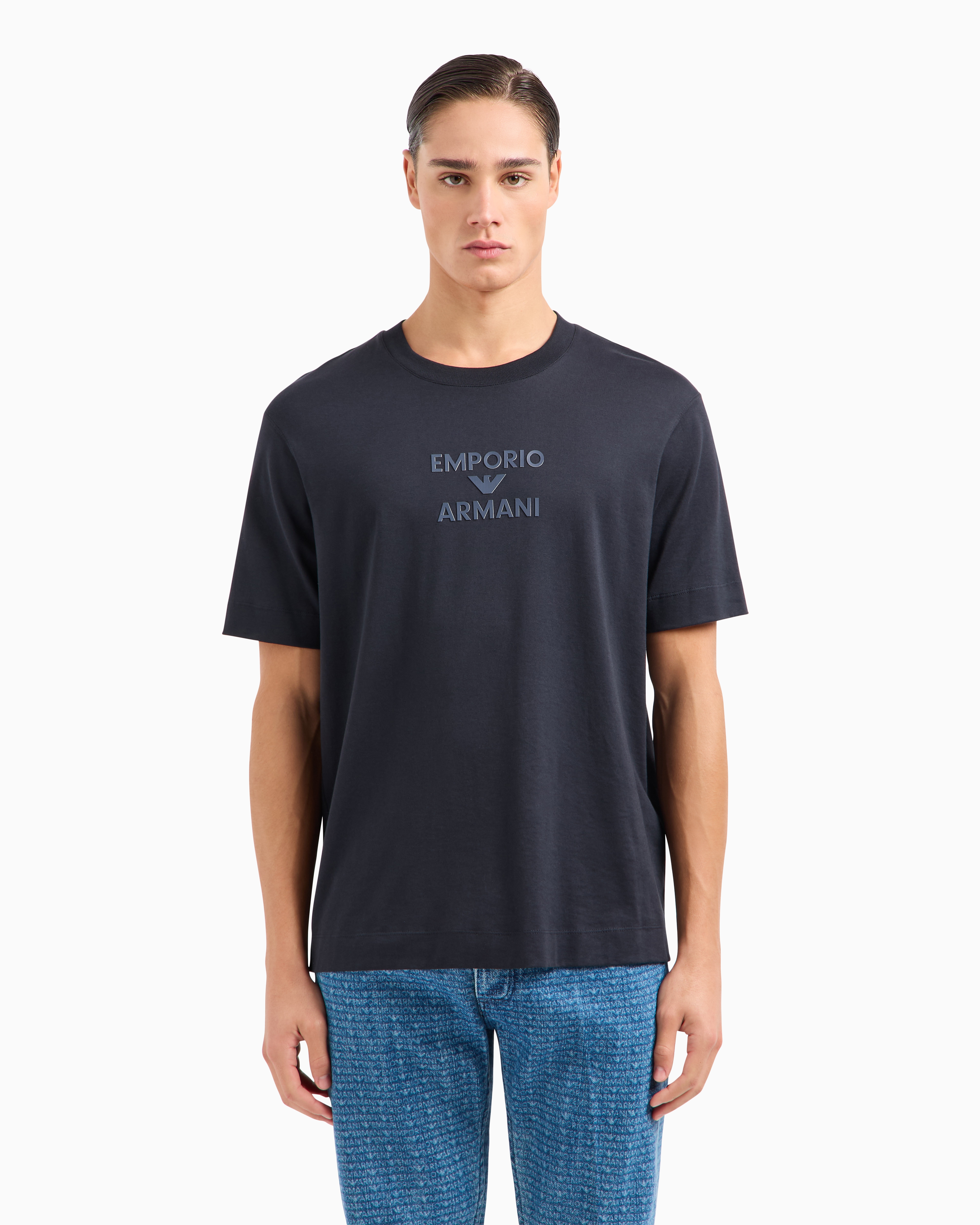 Emporio Armani Logo Cotton T-shirt In Navy Blue