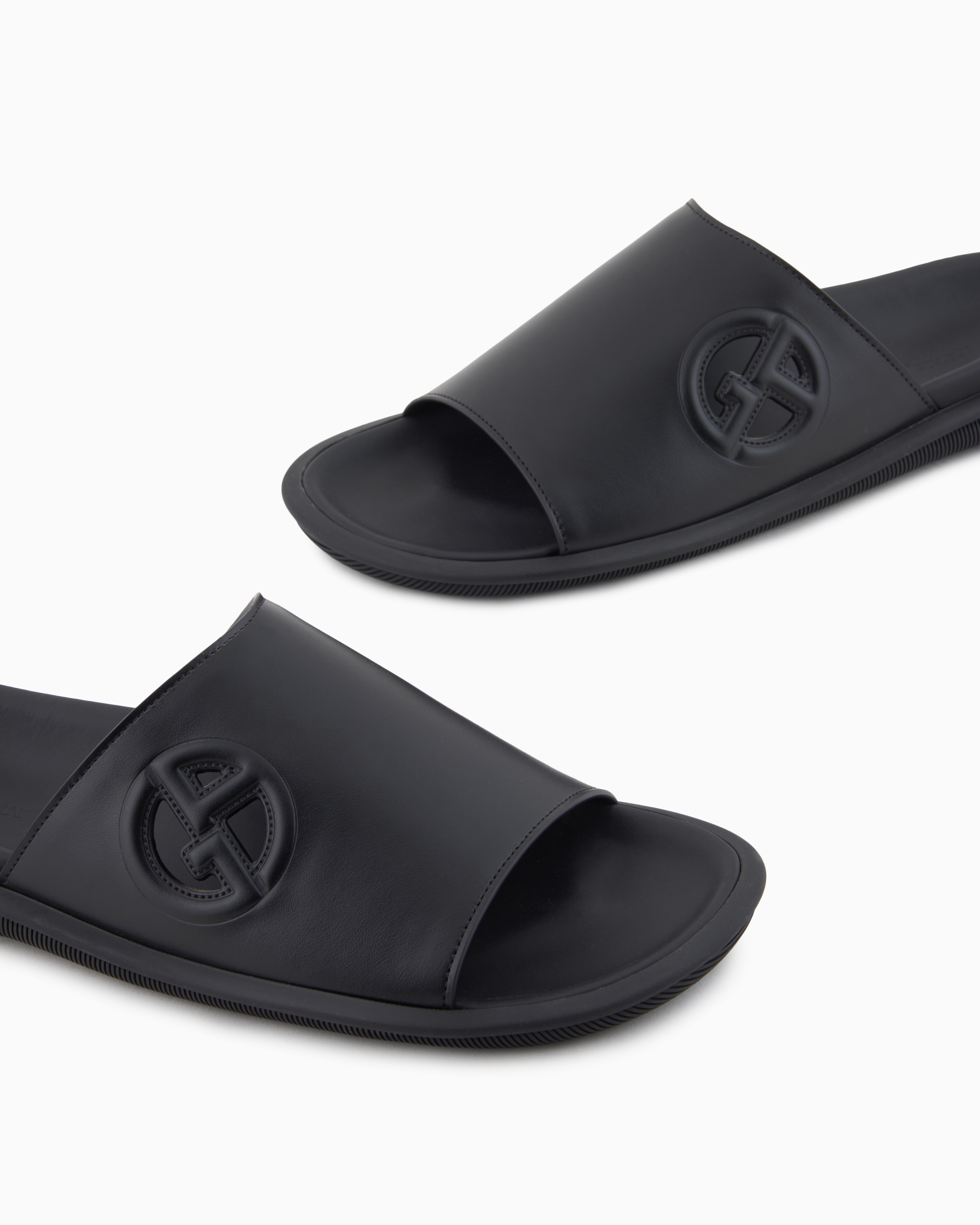 Giorgio Armani Logo Embossed Leather Slides In Black