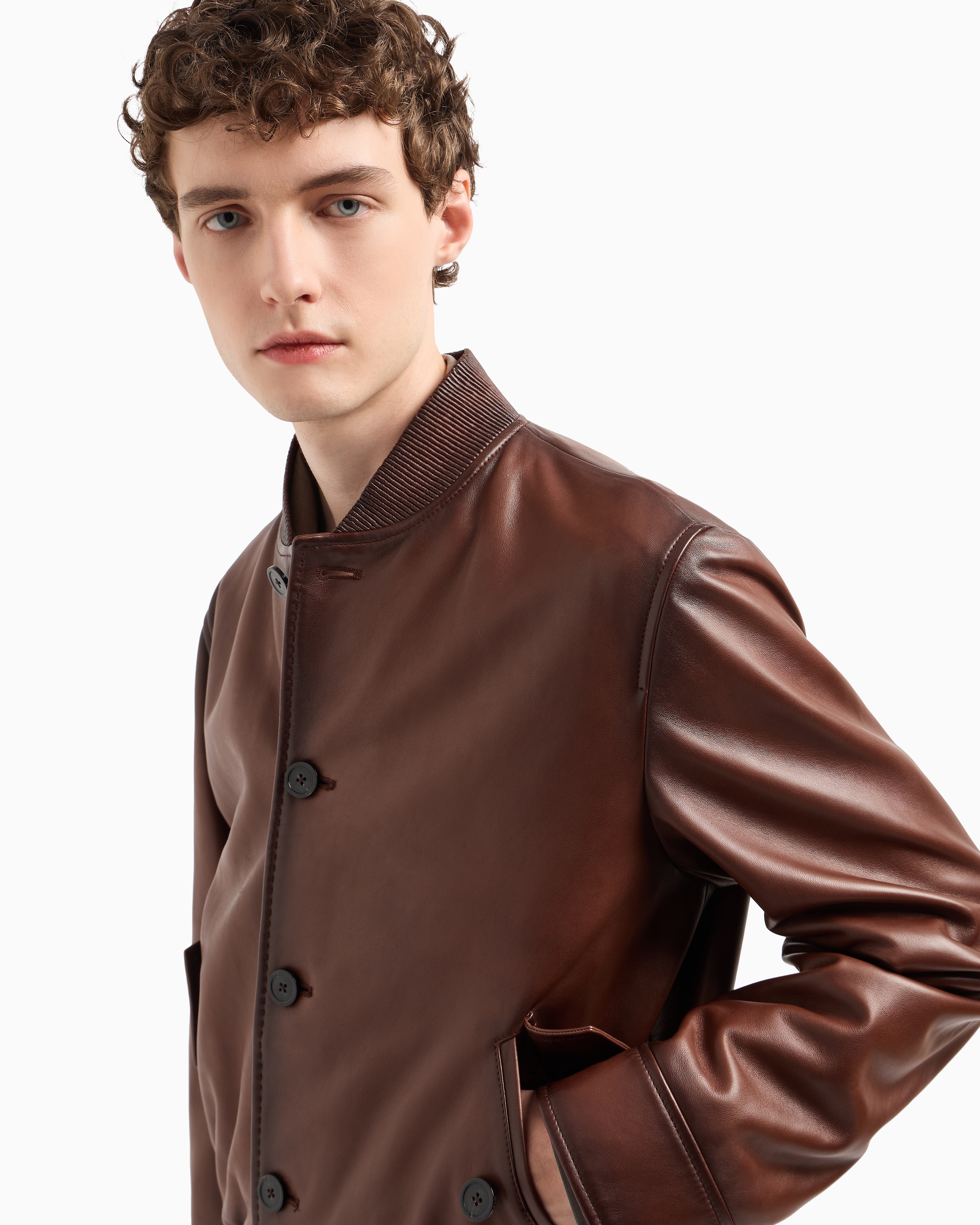 Emporio Armani Regular Fit Button Front Leather Bomber Jacket In Brown
