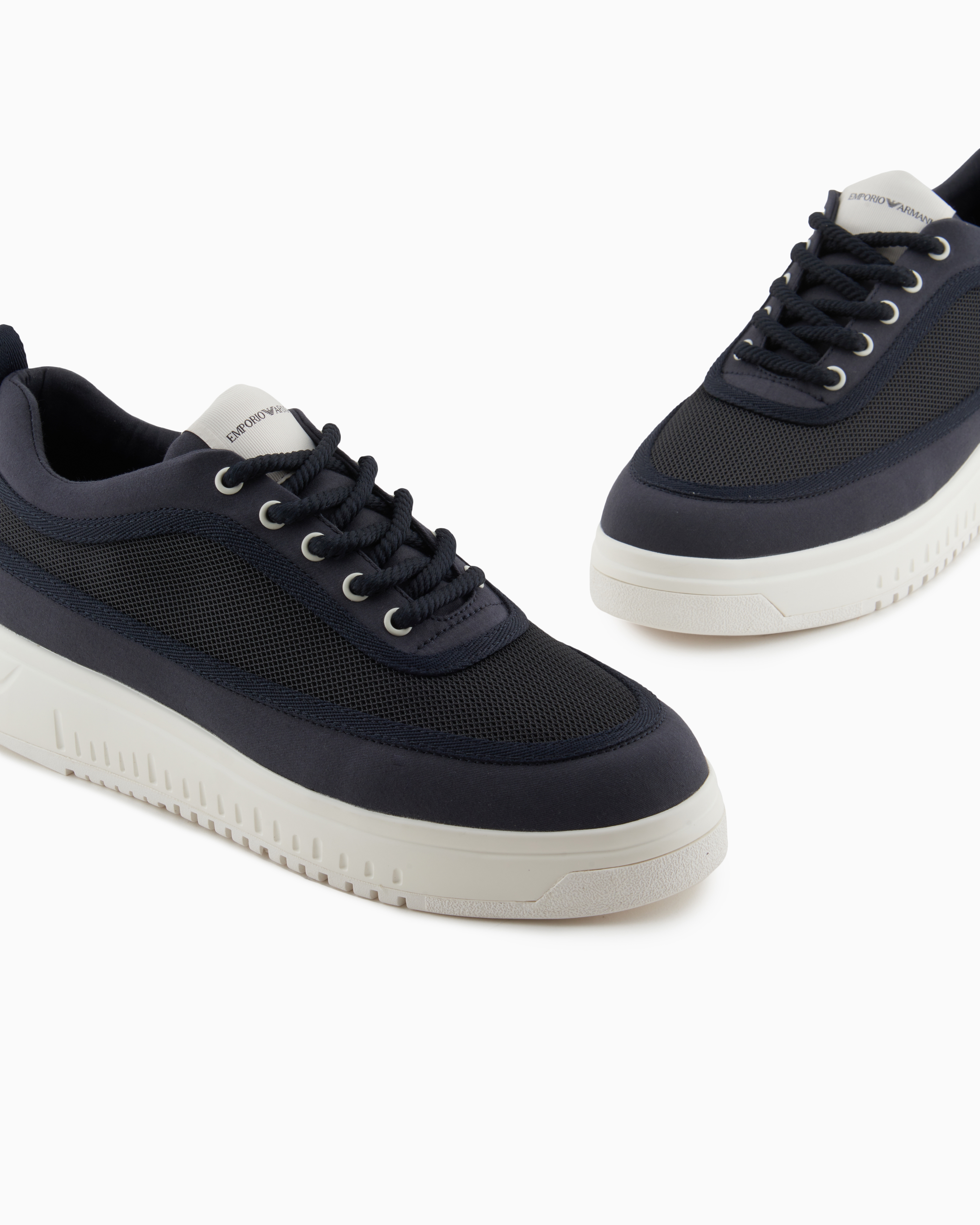 Emporio Armani Mesh And Gabardine Sneakers With A Knurled Sole In Navy Blue