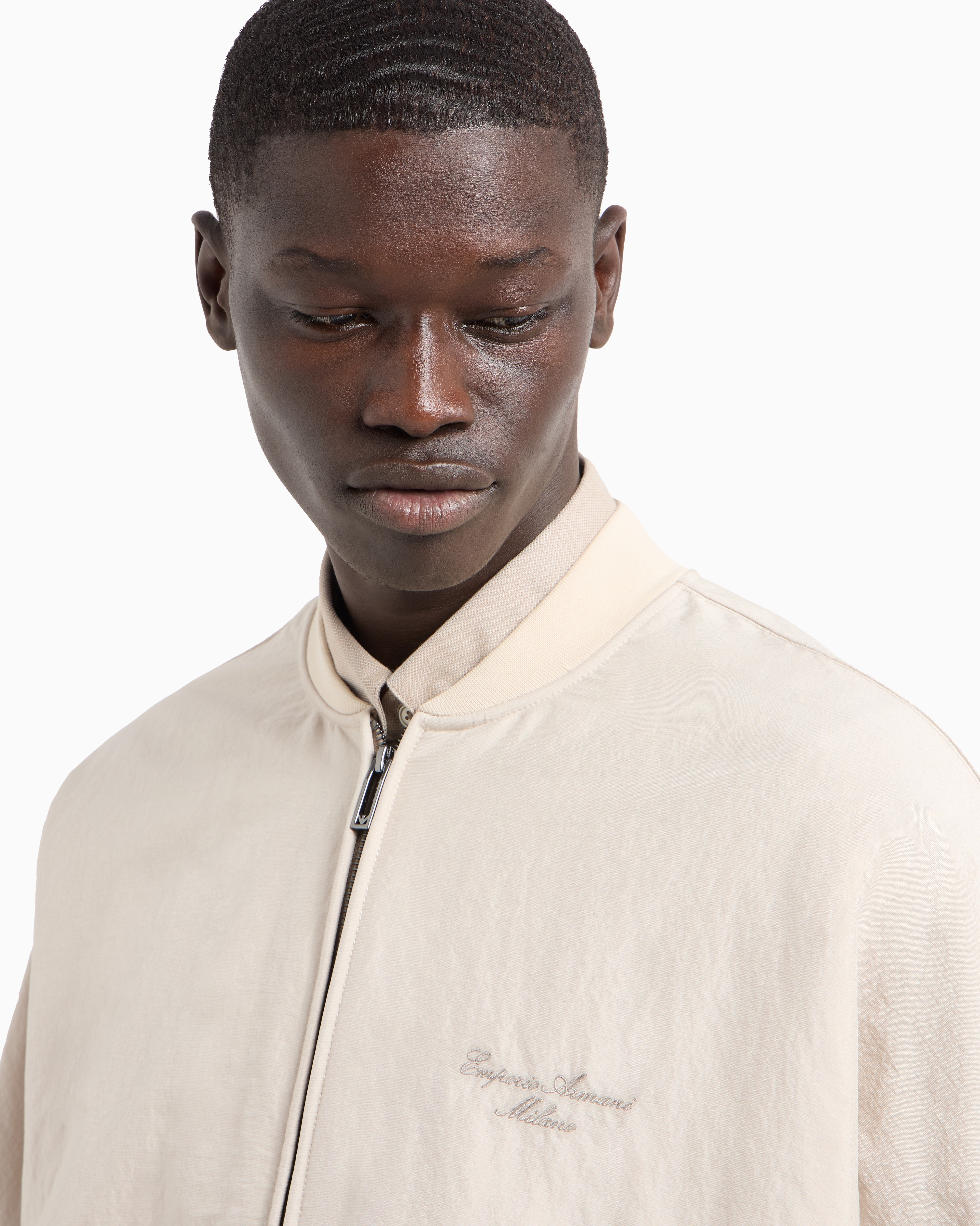 Emporio Armani Zip-up Sweatshirt In Nylon And French Terry Jersey With Logo Embroidery In Beige