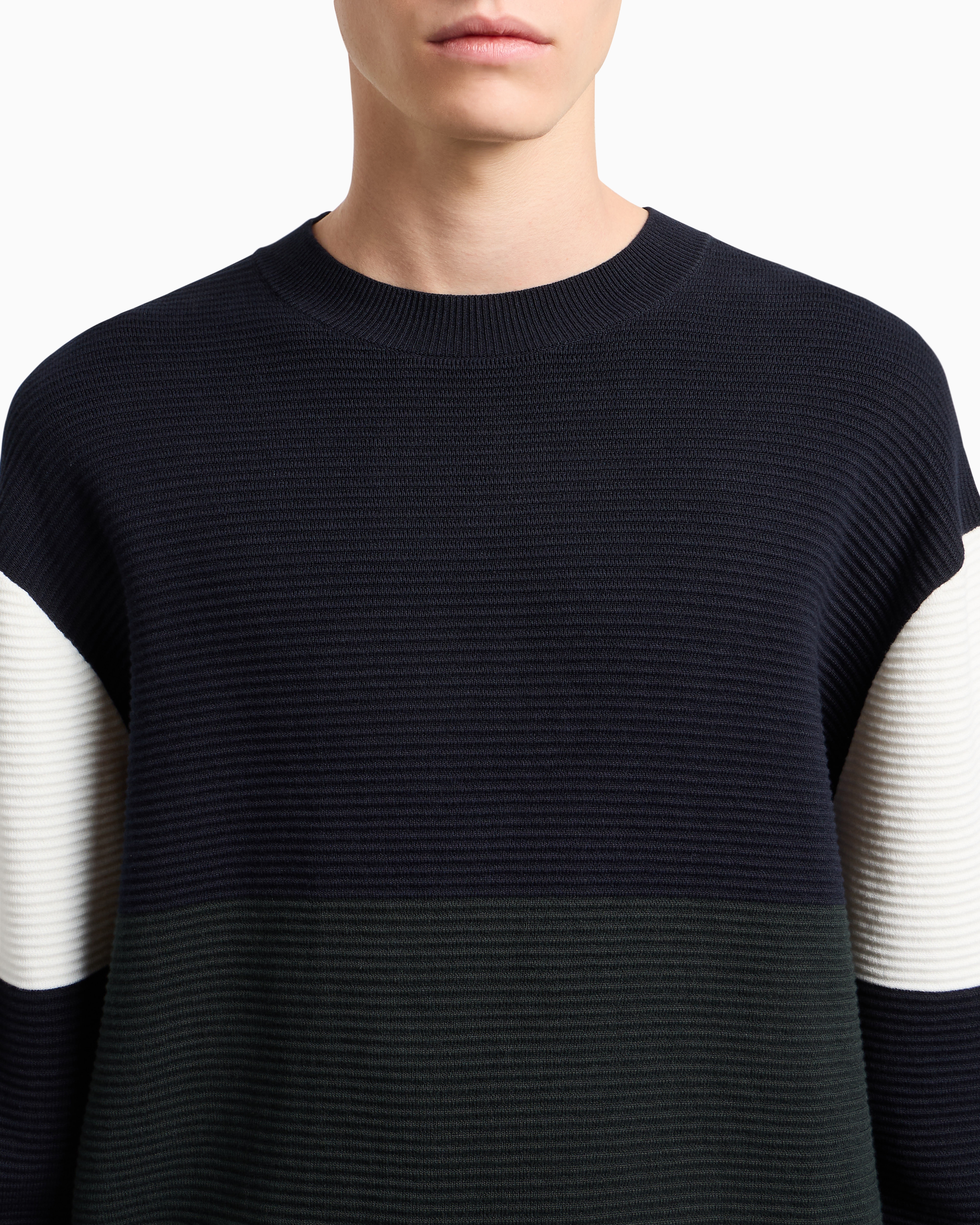 Armani Exchange Color Block Ribbed Crew Neck Sweater In Blue