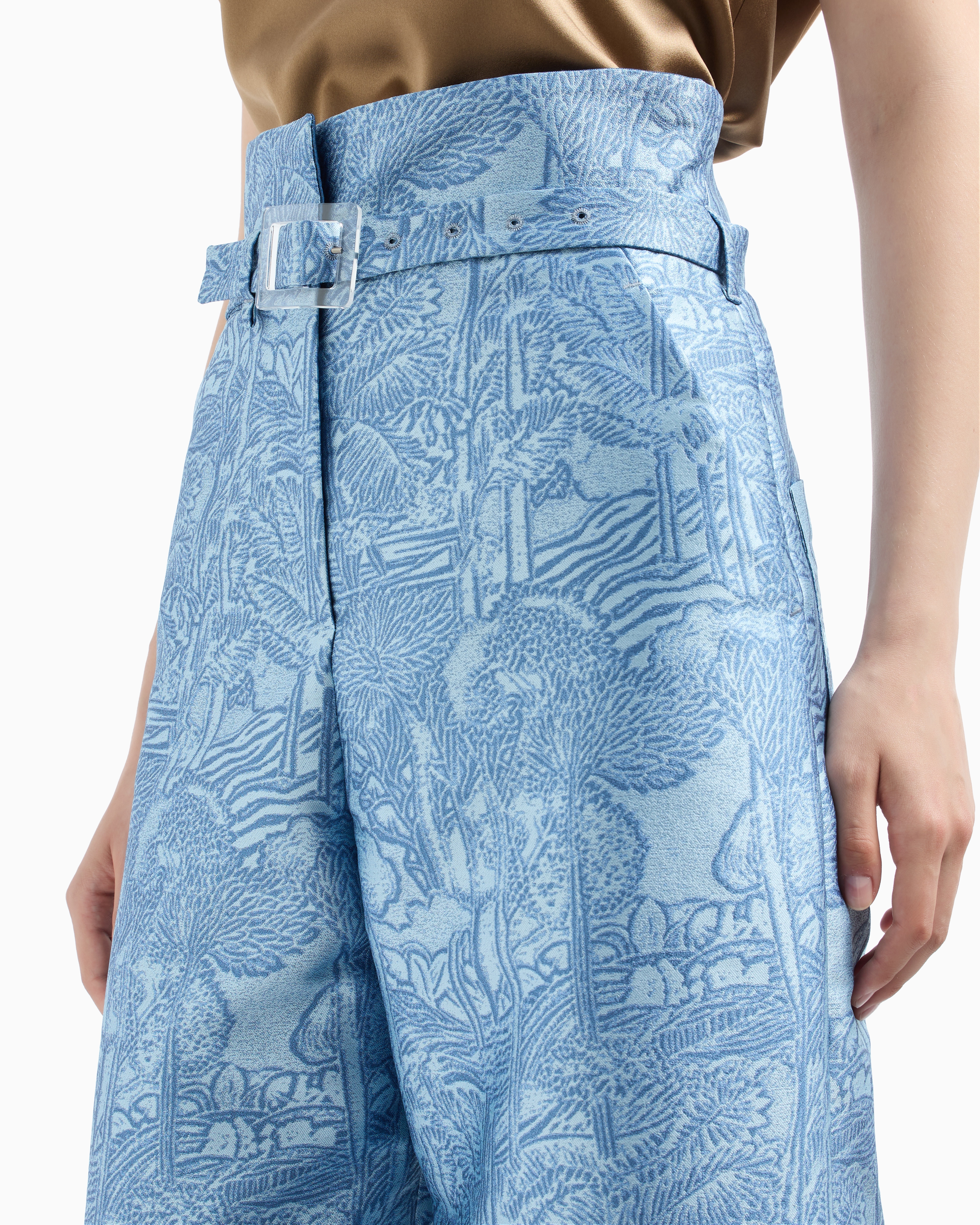 パンツ EMPORIO ARMANI Woman Pants Blue EW001571TE13445 F9024 All-over jacquard very high-waisted trousers | Emporio Armani