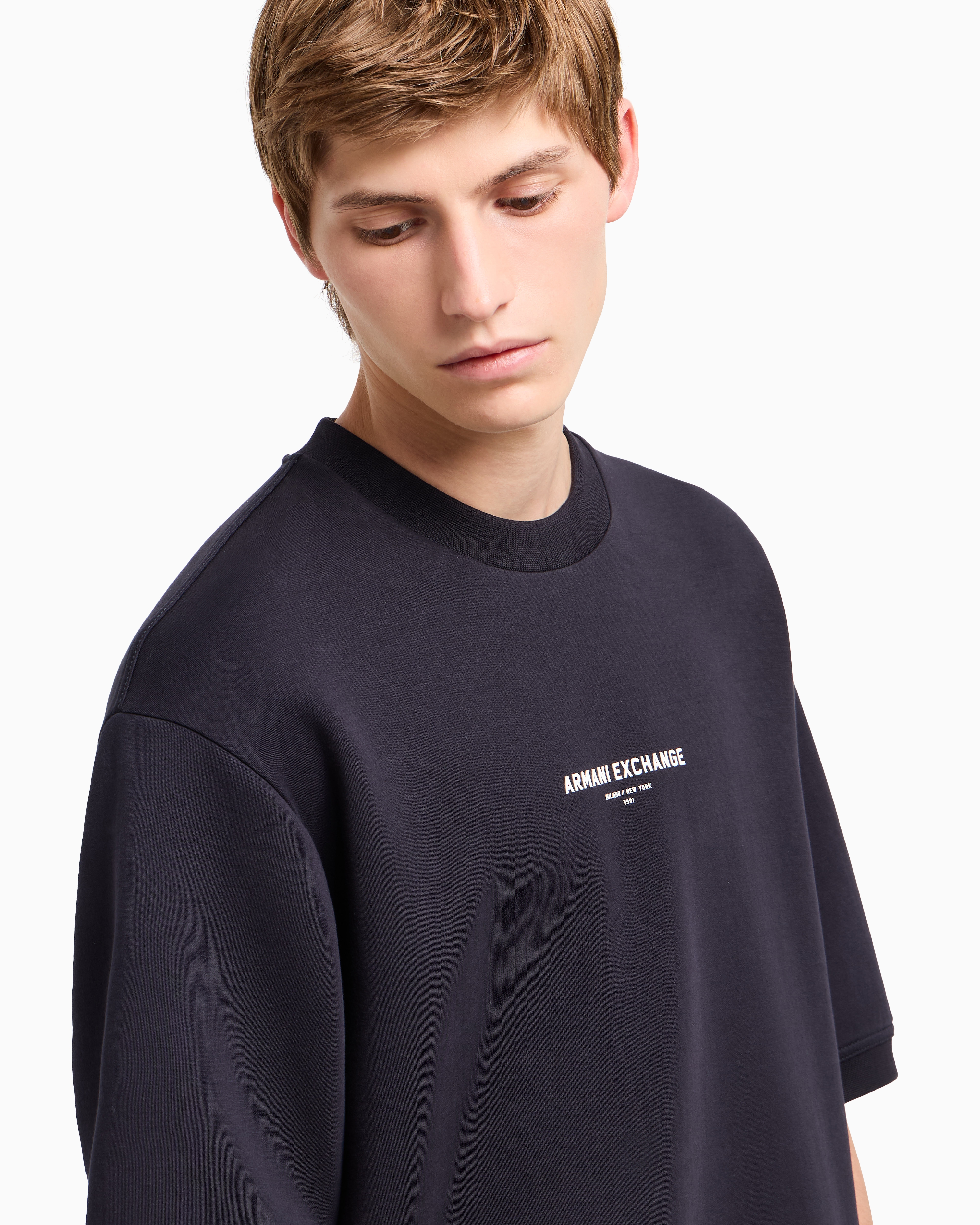 Armani Exchange Milano/new York Short Sleeve Crewneck Sweatshirt In Navy Blue