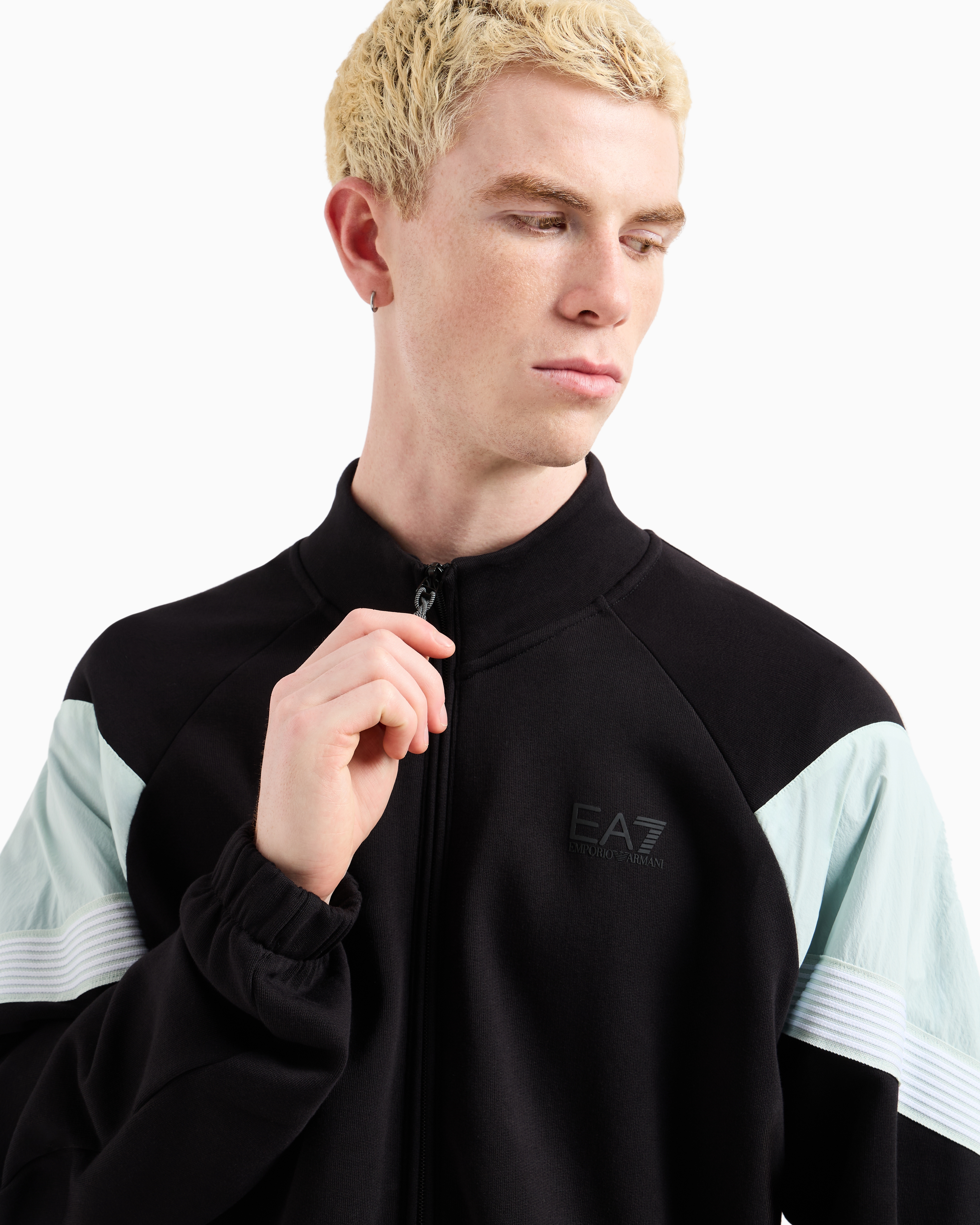 Ea7 7 Lines Cotton Jersey Zip-up Sweatshirt In Black