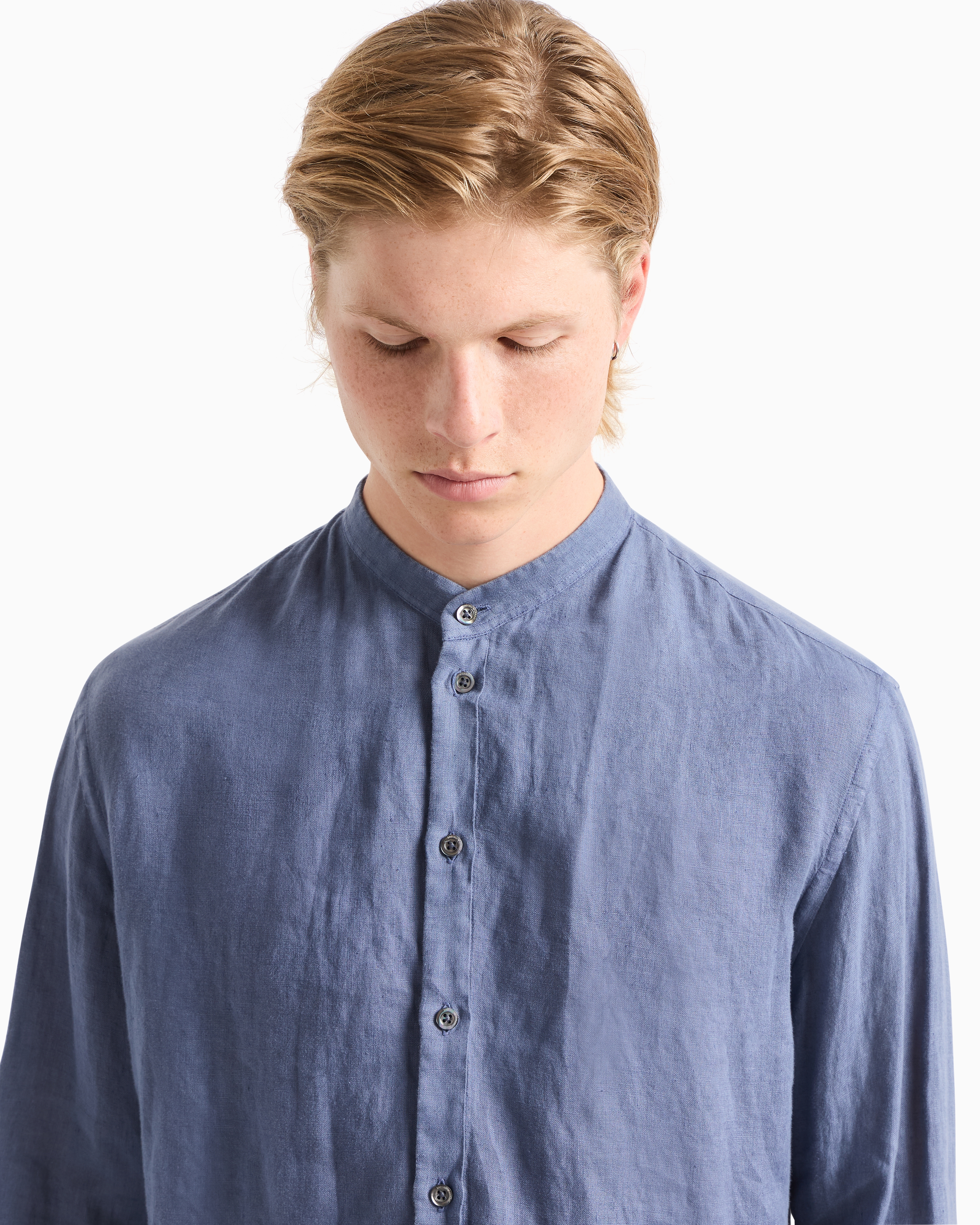 EMPORIO ARMANI GARMENT-DYED LINEN SHIRT WITH GURU COLLAR