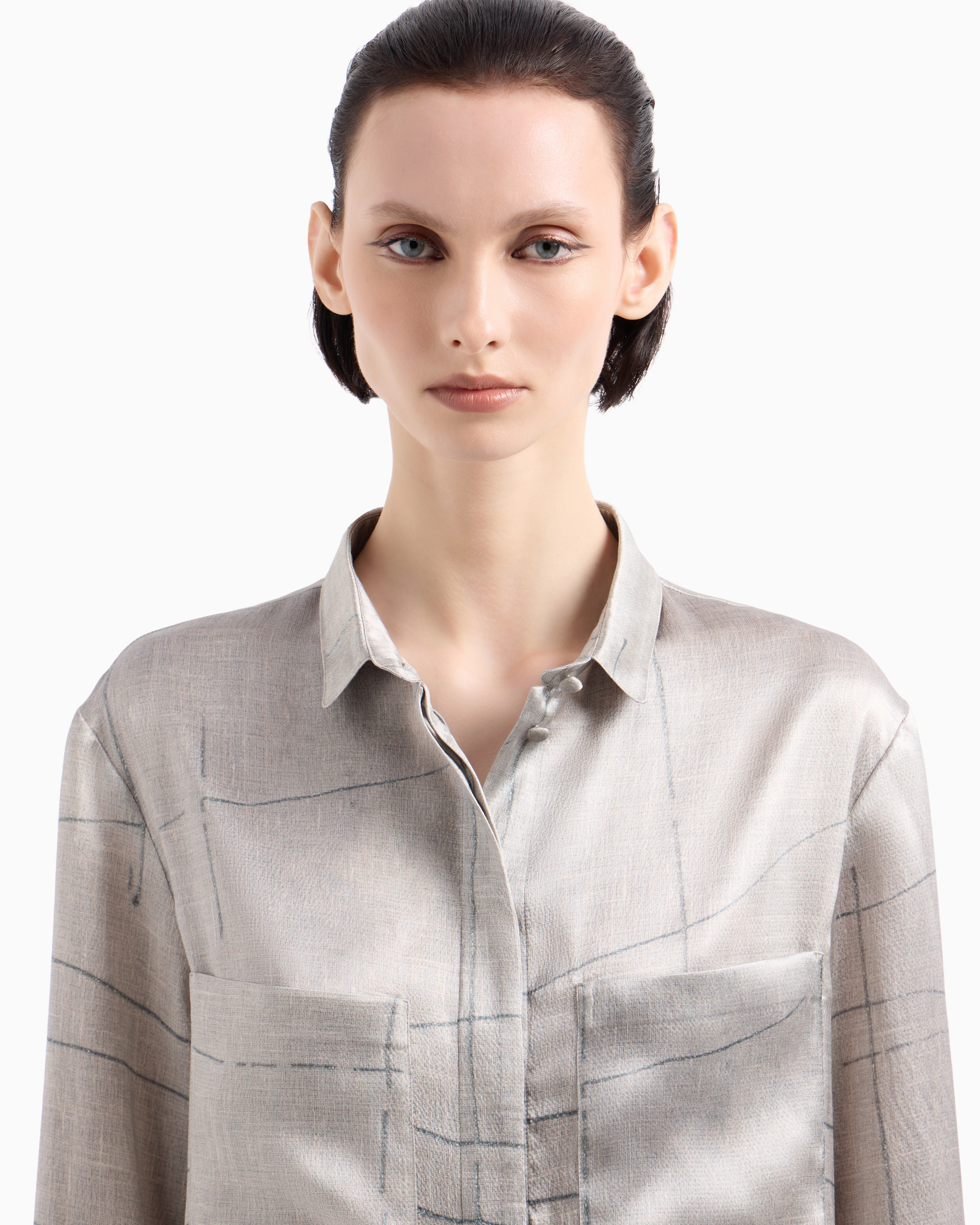 Giorgio Armani Printed Silk Satin Shirt In Grey
