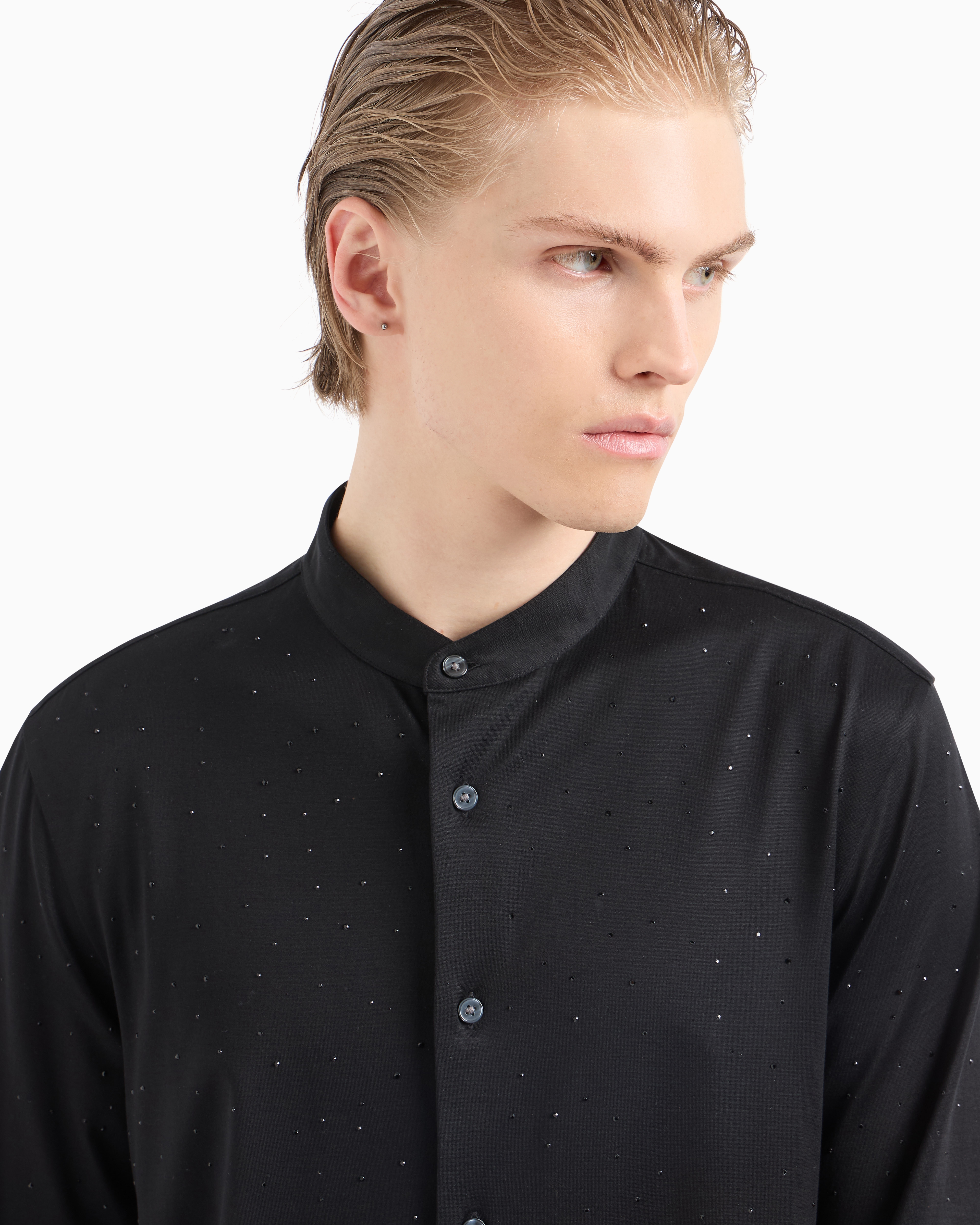 EMPORIO ARMANI ASV CLUBWEAR GURU-COLLAR SHIRT IN A LYOCELL BLEND JERSEY WITH ALL-OVER RHINESTONES