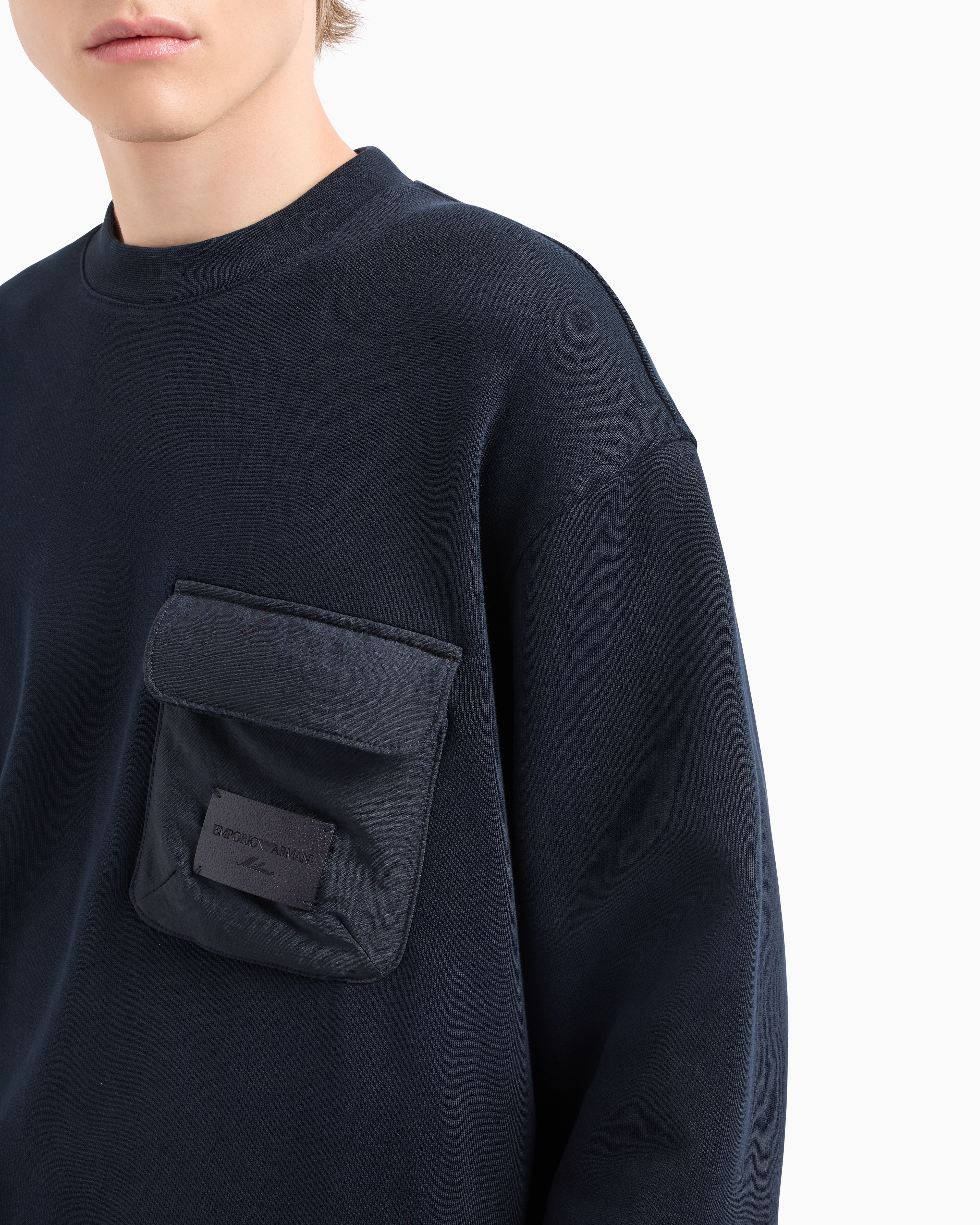 Emporio Armani French Terry Jersey Sweatshirt With Padded Pocket And Logo Patch In Navy_blue