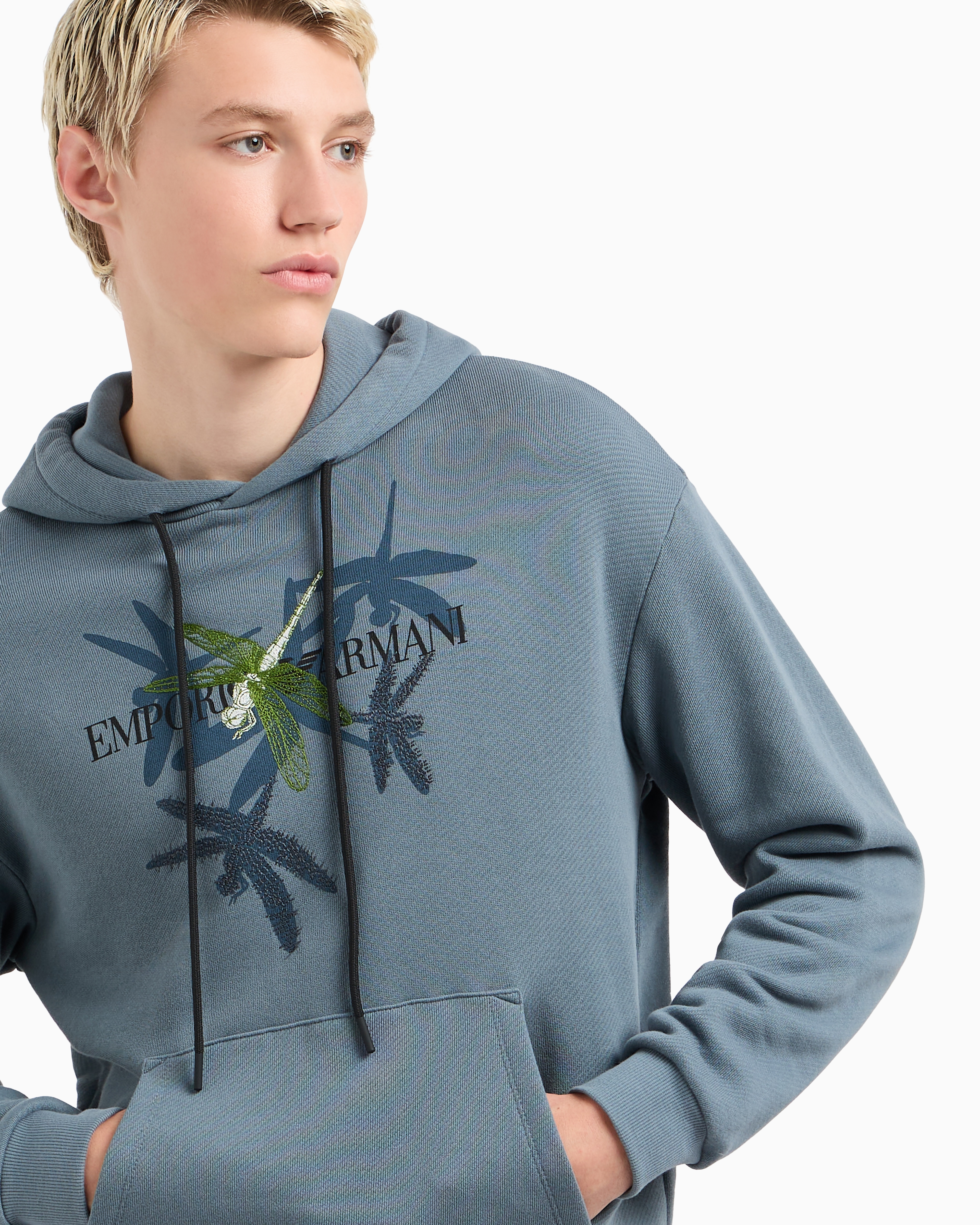 Emporio Armani Jersey Hooded Sweatshirt With Dragonfly Print And Embroidery In Blue