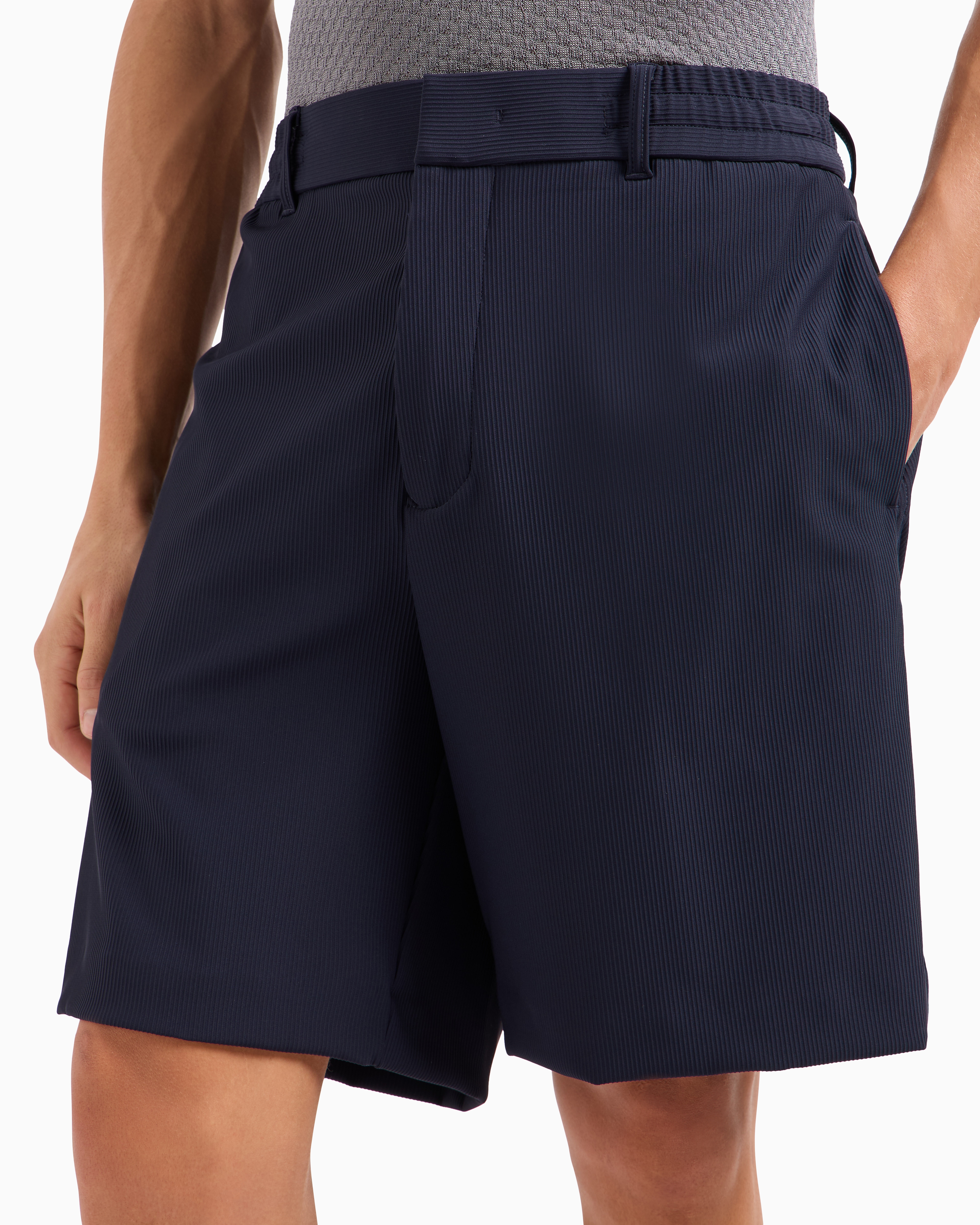 Emporio Armani Canneté-effect Stretch Nylon Bermuda Shorts In Navy Blue