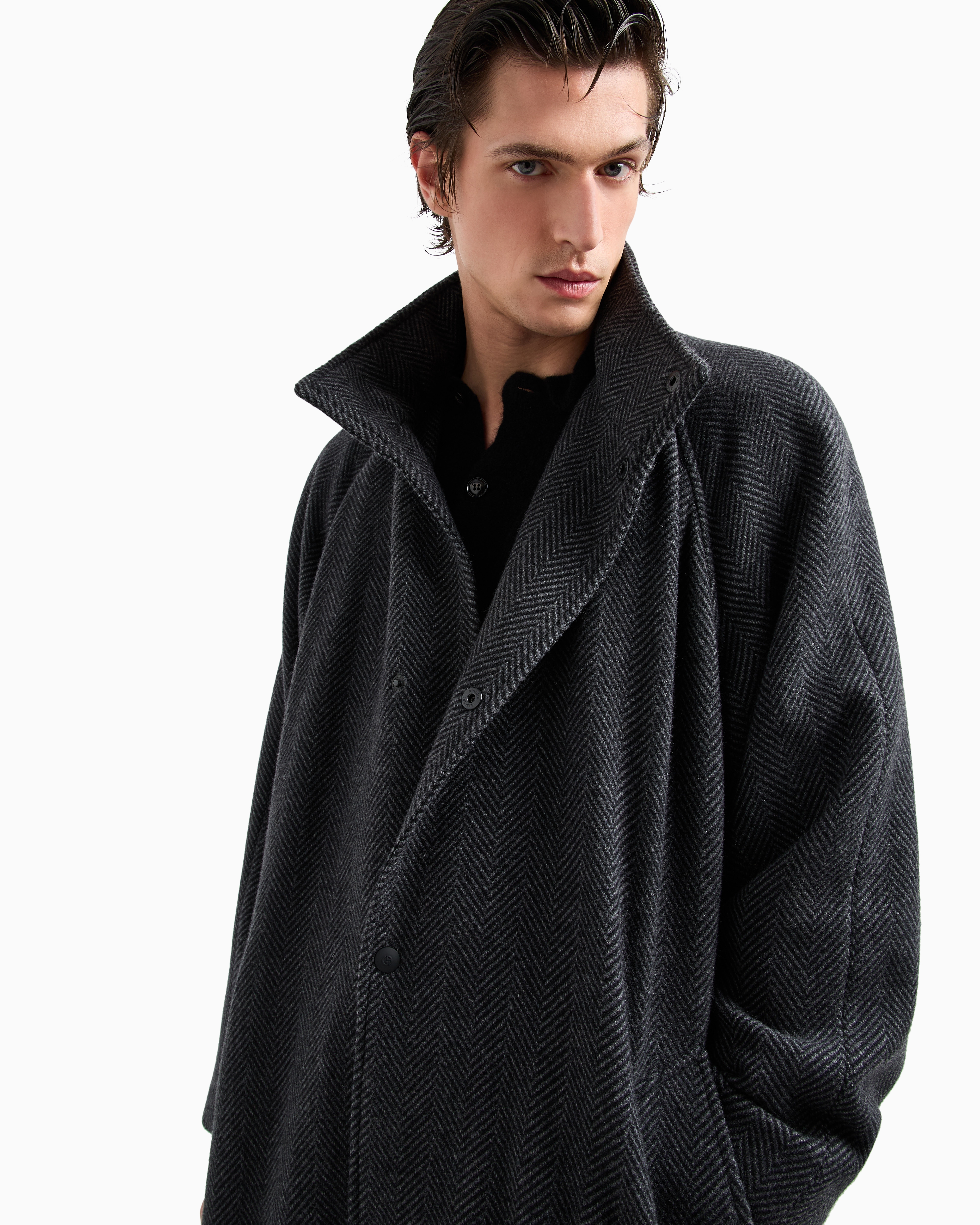 GIORGIO ARMANI LONG COAT IN CHEVRON JACQUARD CASHMERE-BLEND CLOTH