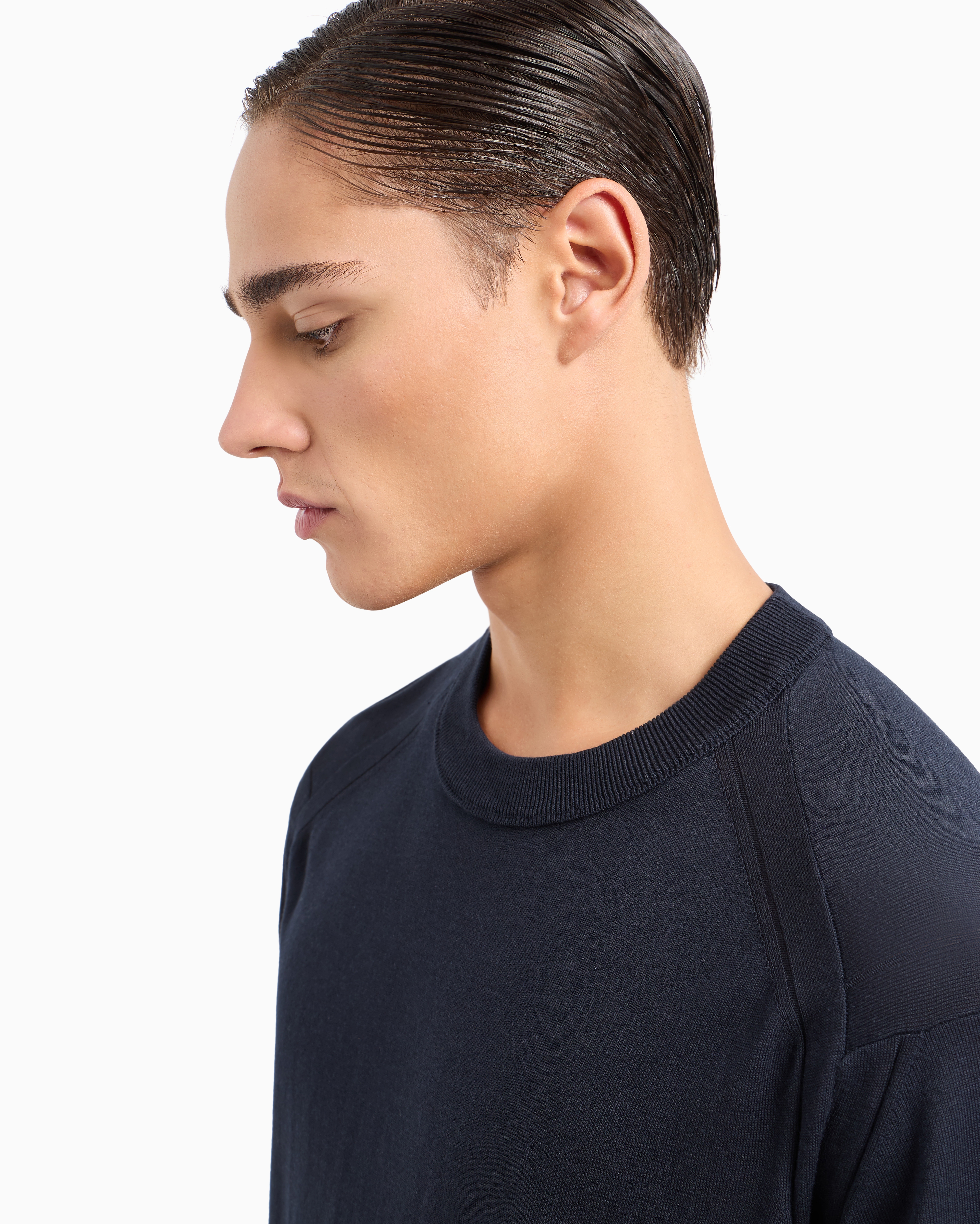 Emporio Armani Asv Lyocell-blend Plain-knit Jumper In Navy Blue