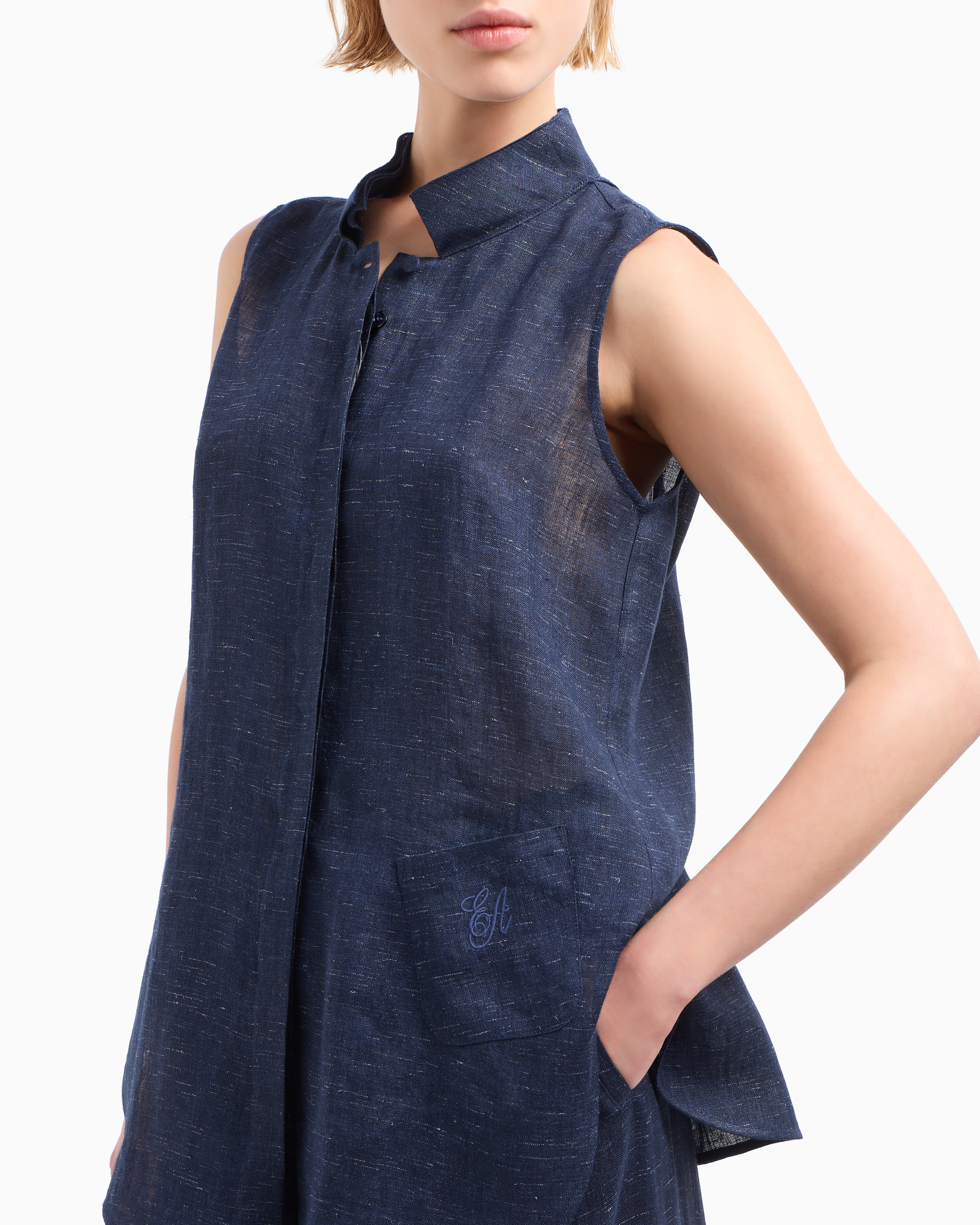 Emporio Armani Icon Linen-blend Chambray Oversized Top In Blue