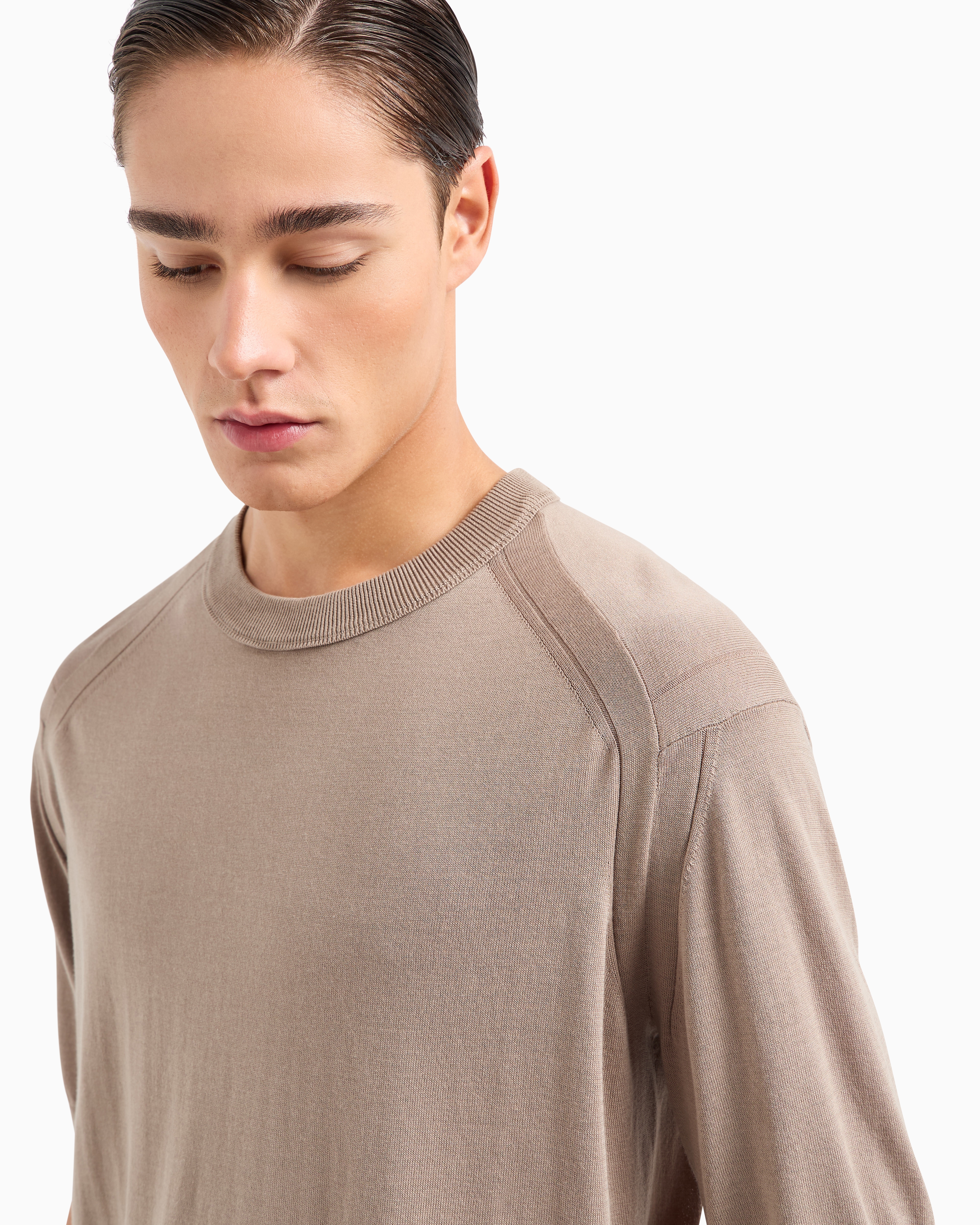 Emporio Armani Asv Lyocell-blend Plain-knit Jumper In Beige
