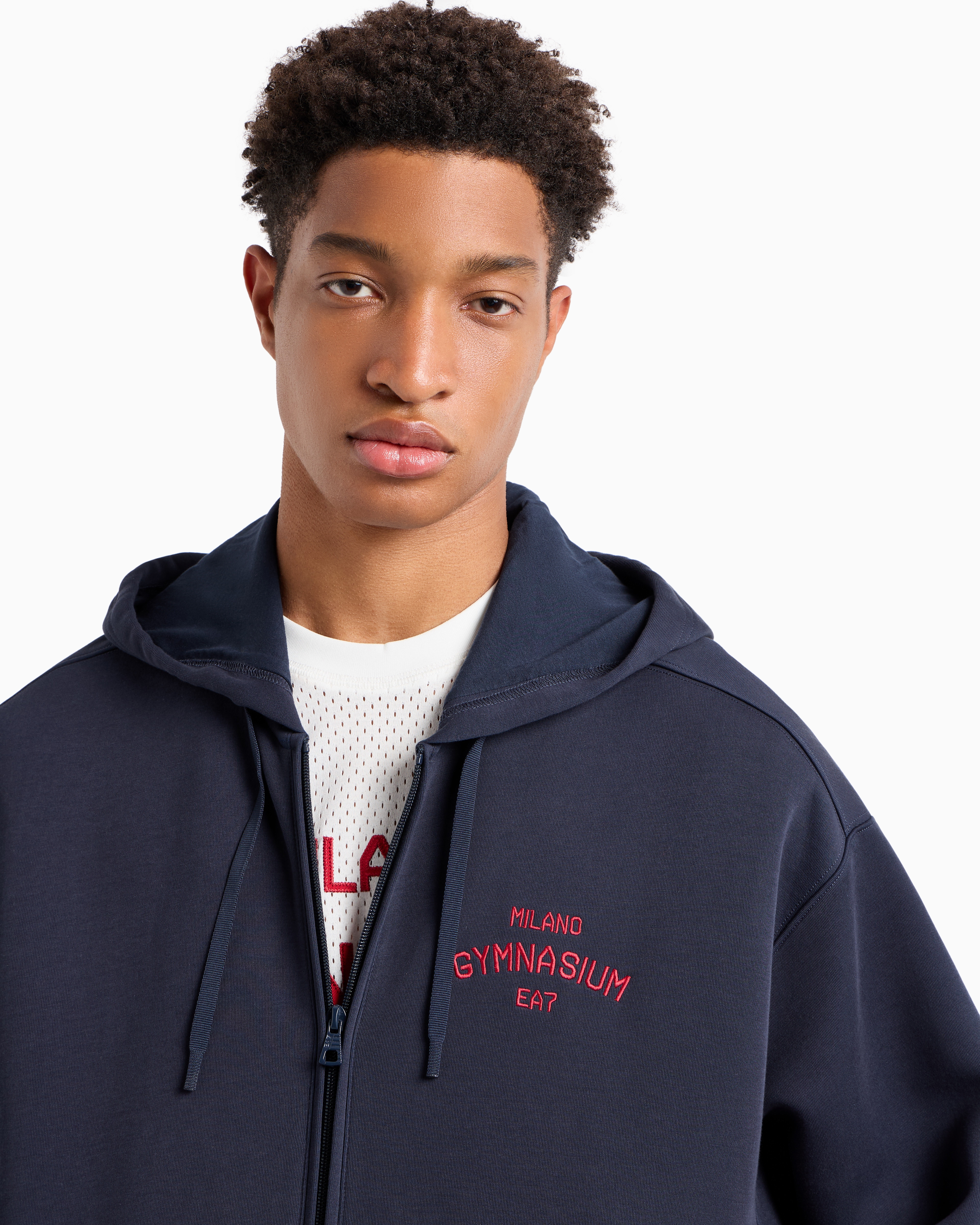 Ea7 Club House Stretch-cotton Interlock Zip-up Sweatshirt In Navy Blue