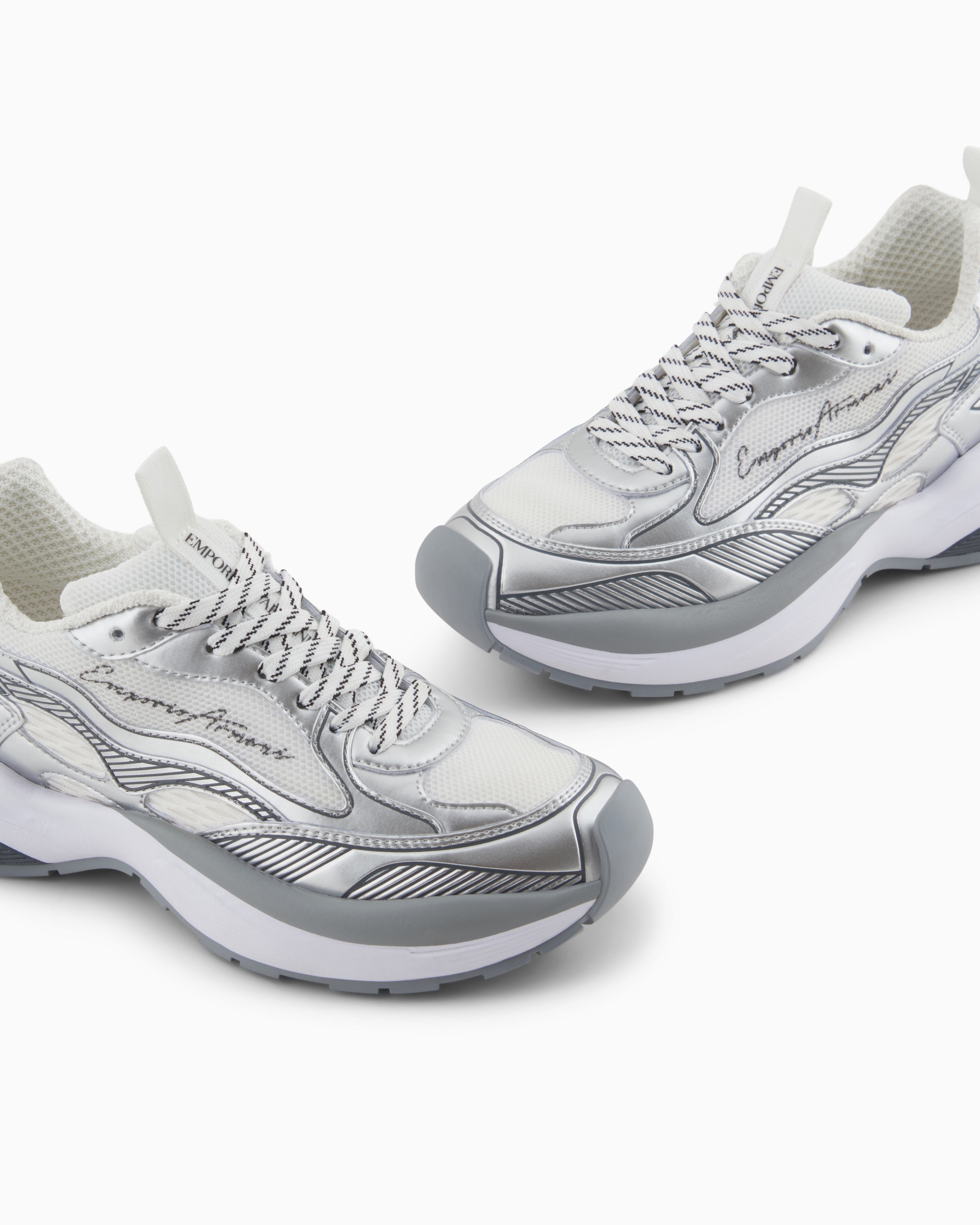 Emporio Armani Mesh Sneakers With Laminated Details And Signature Logo In Silver