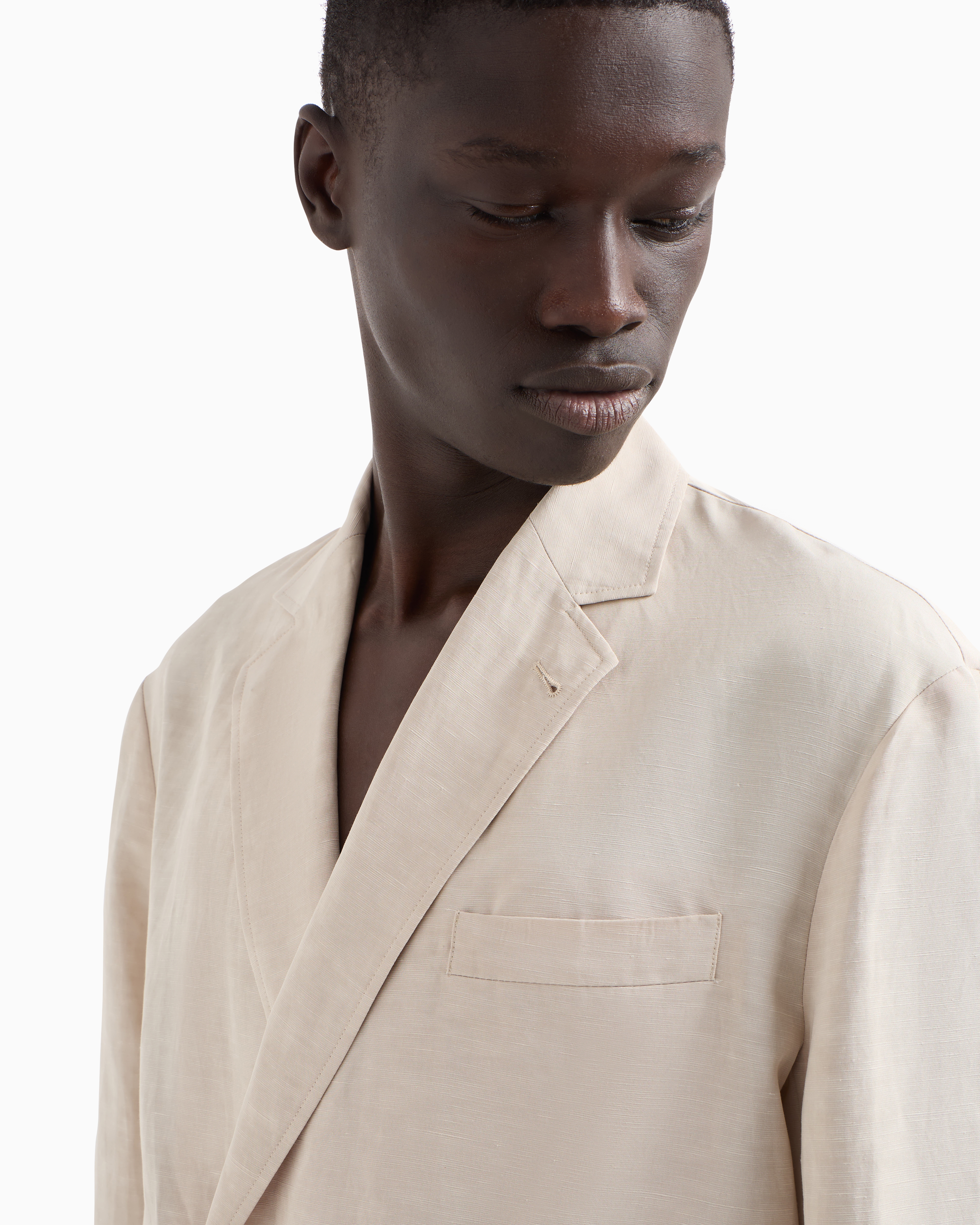 Emporio Armani Linen-blend Technical Double-breasted Blazer In Beige