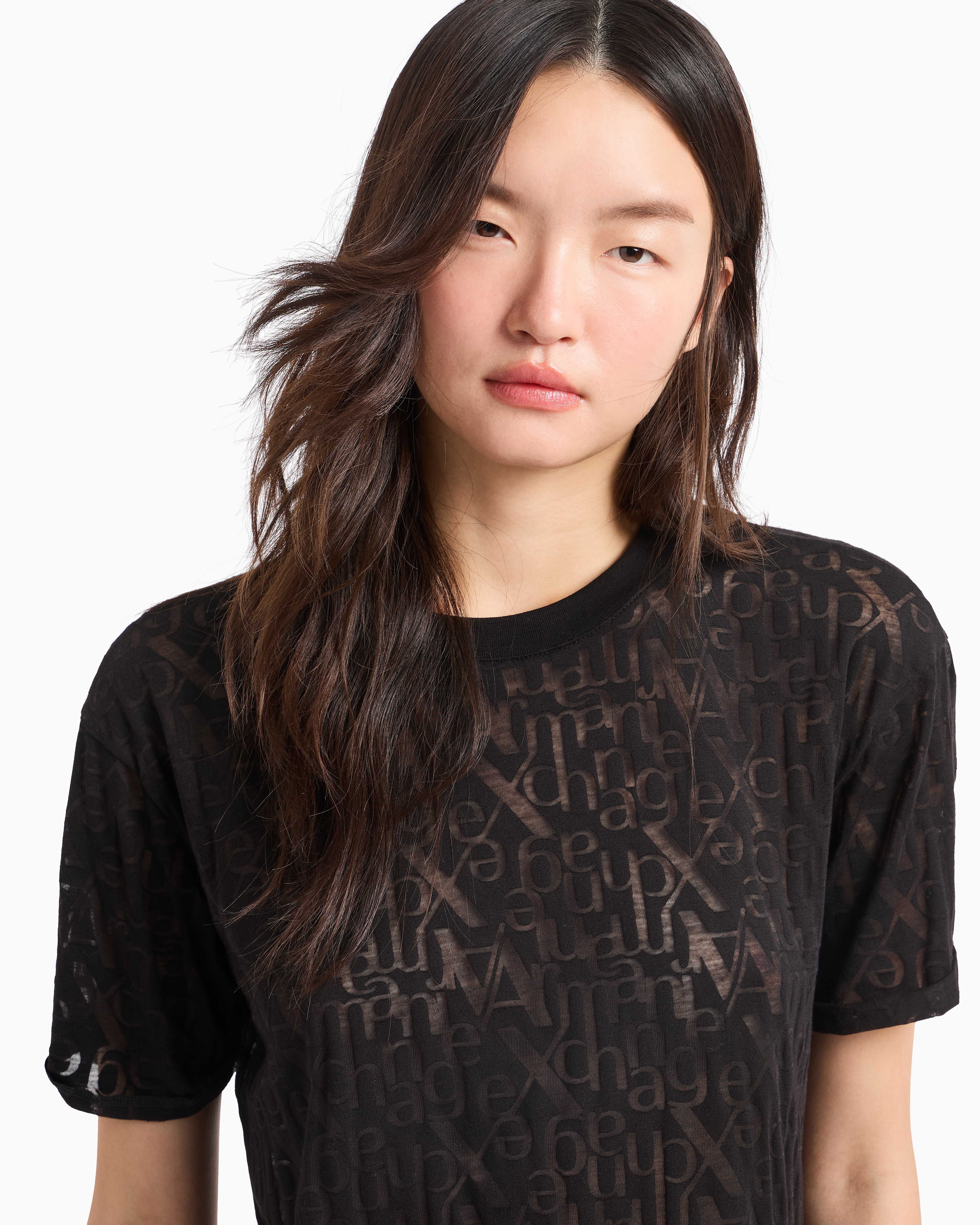 Armani Exchange -  Relaxed fit T-shirt flamed fabric with logo, Woman, Black, Size:
