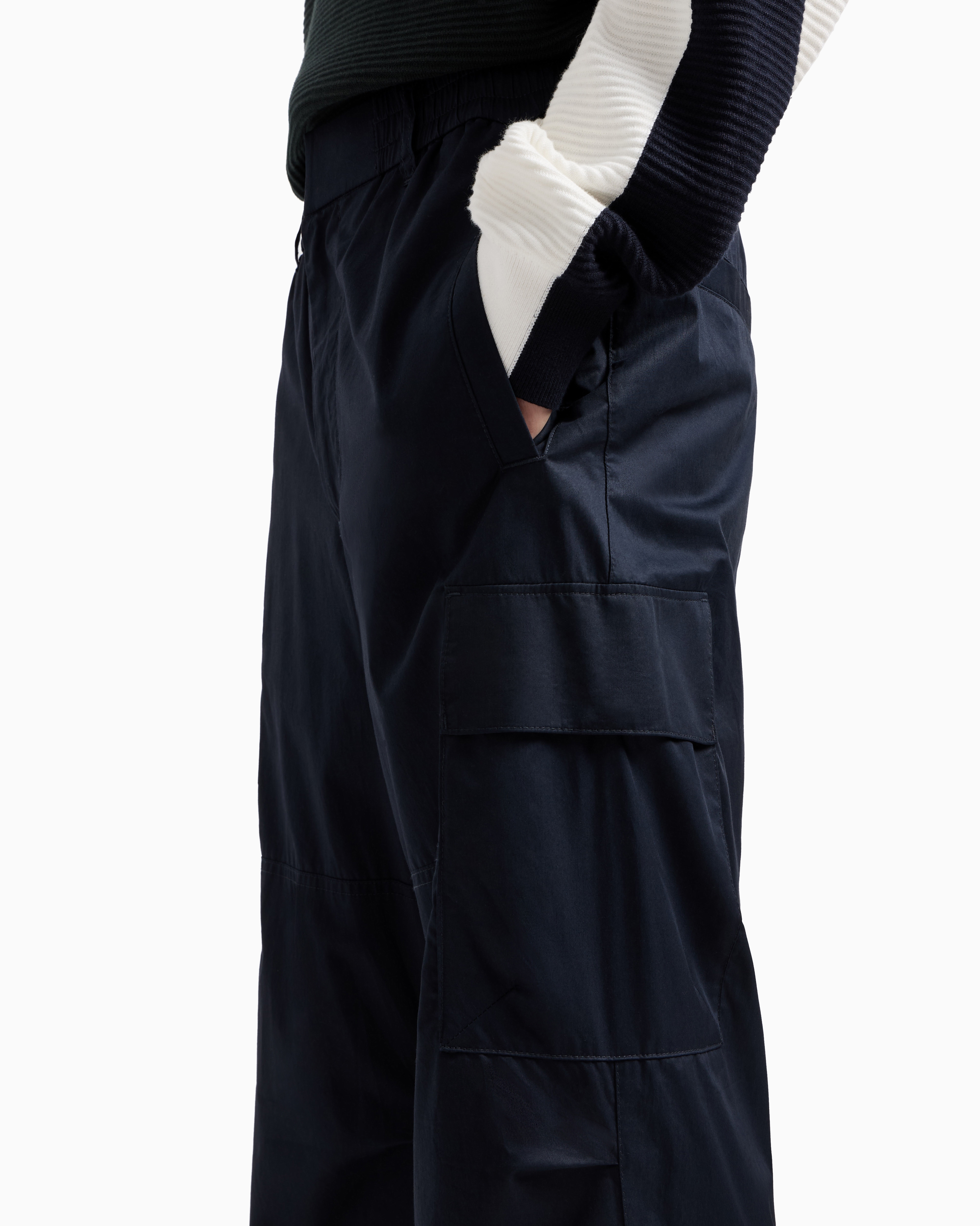 Armani Exchange Oversized Cargo Trousers In Cotton Twill In Navy Blue