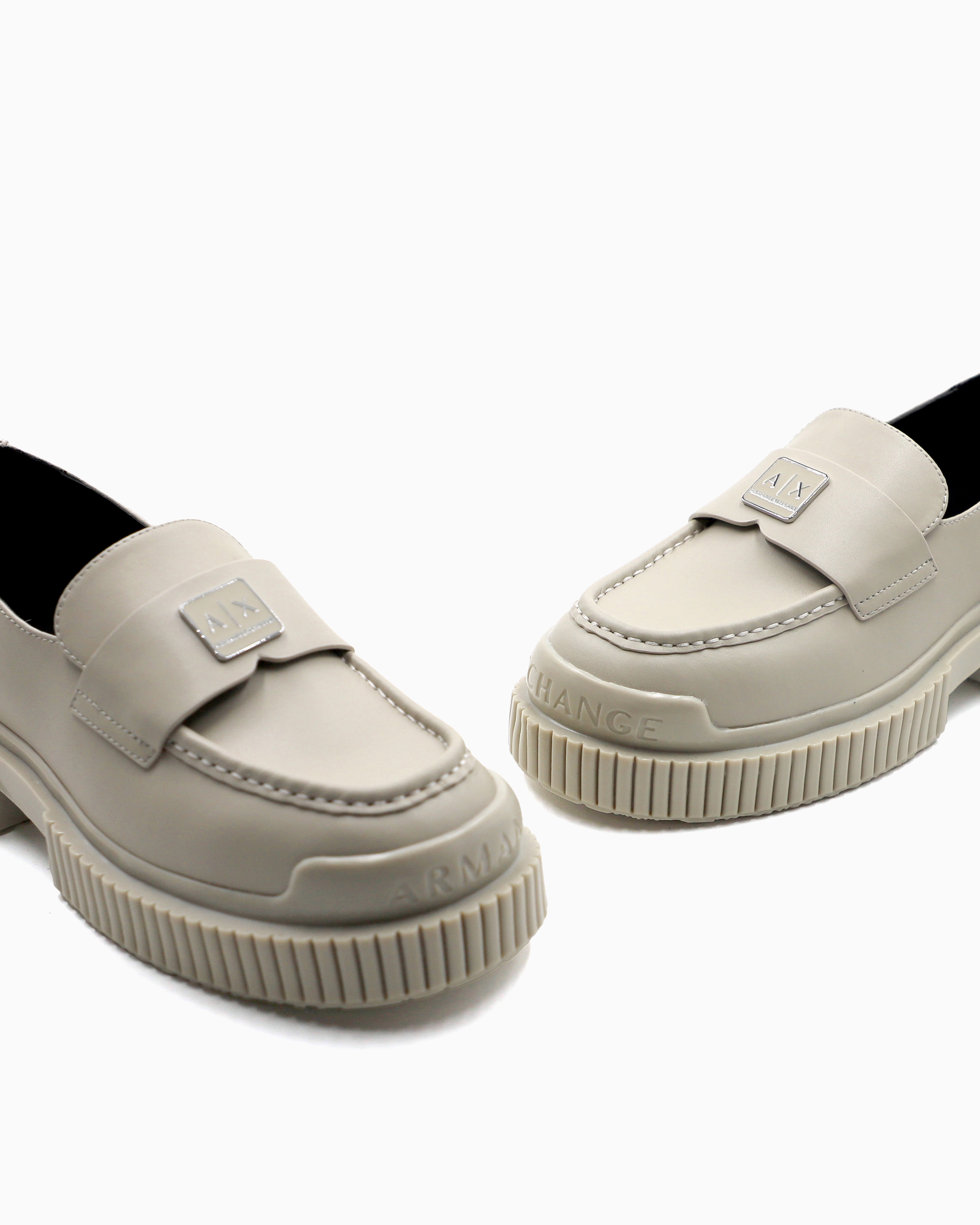 Armani Exchange - Leather loafers with logo, Woman, Beige, Size: