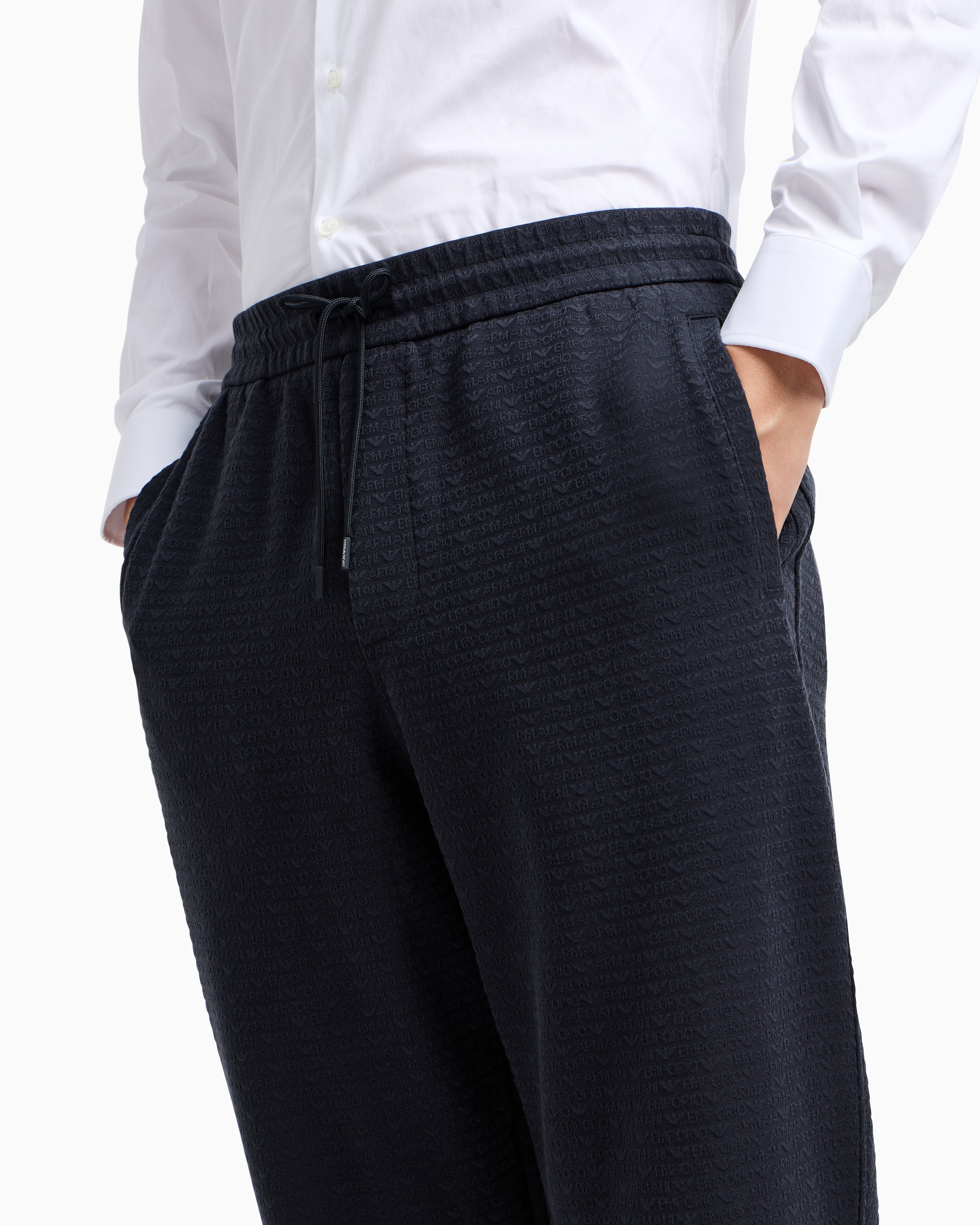 Emporio Armani Asv Lyocell Blend Jersey Joggers With All-over Lettering In Navy Blue