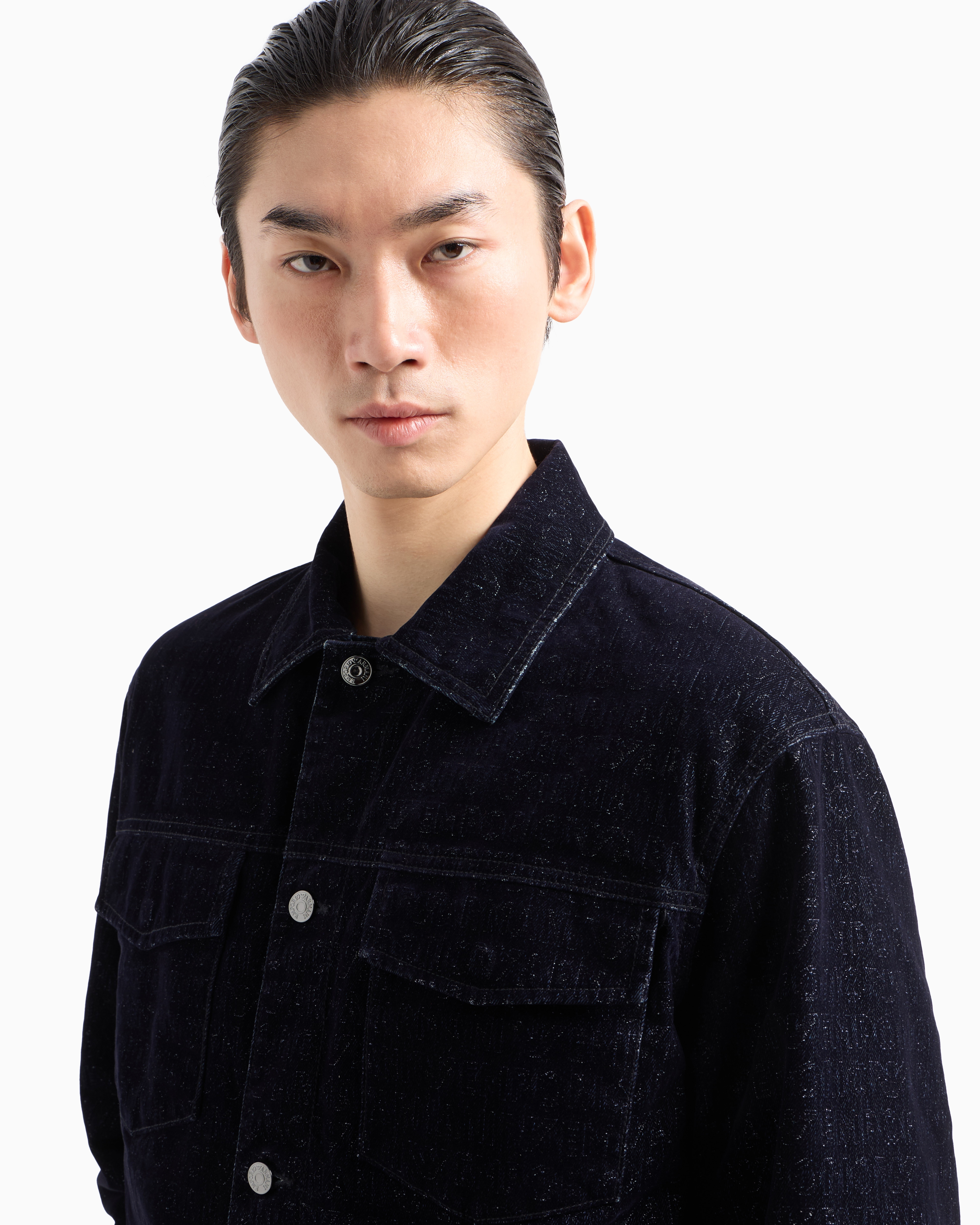 Denim jacket with all-over flocked logo lettering | Emporio