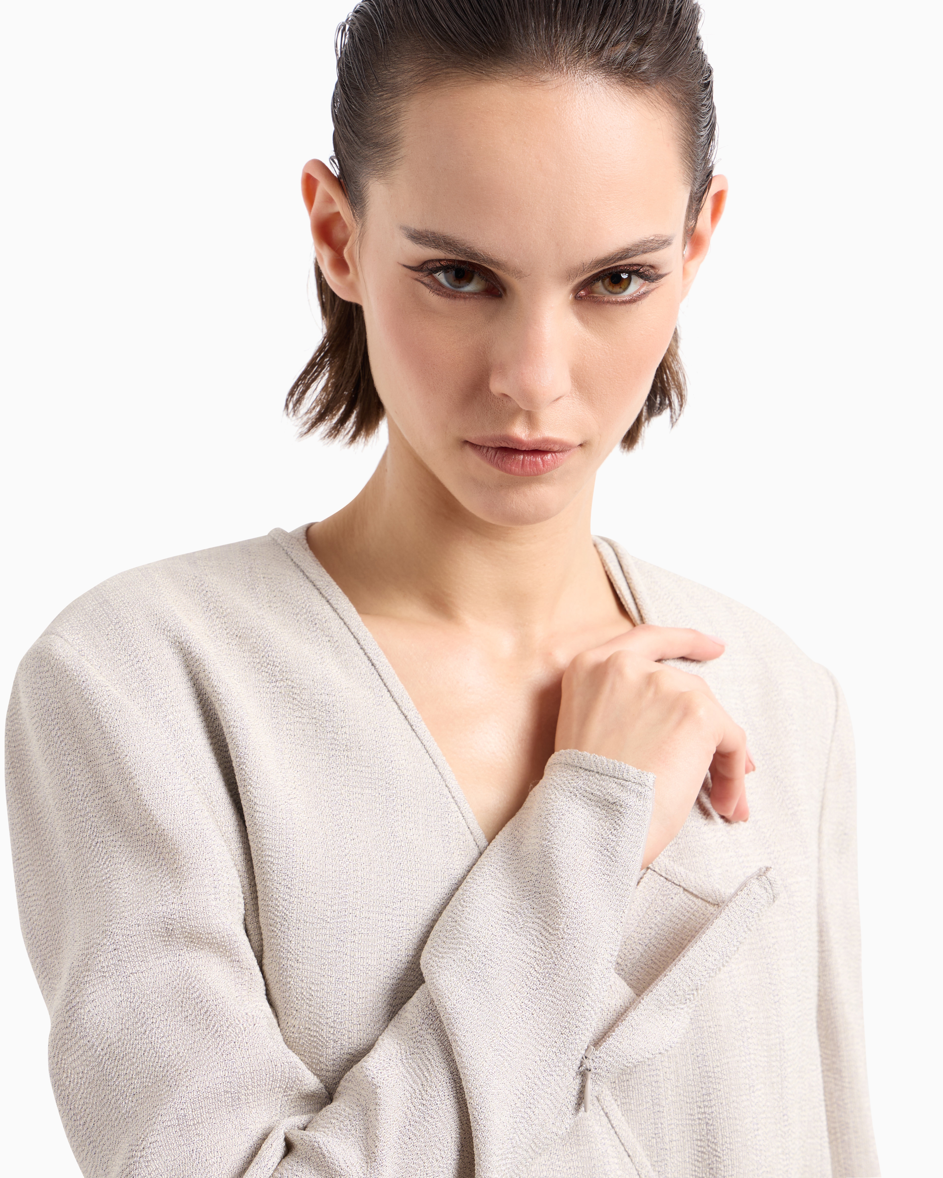 Giorgio Armani Long Single-breasted Jacket In Armure Viscose Crêpe In Grey