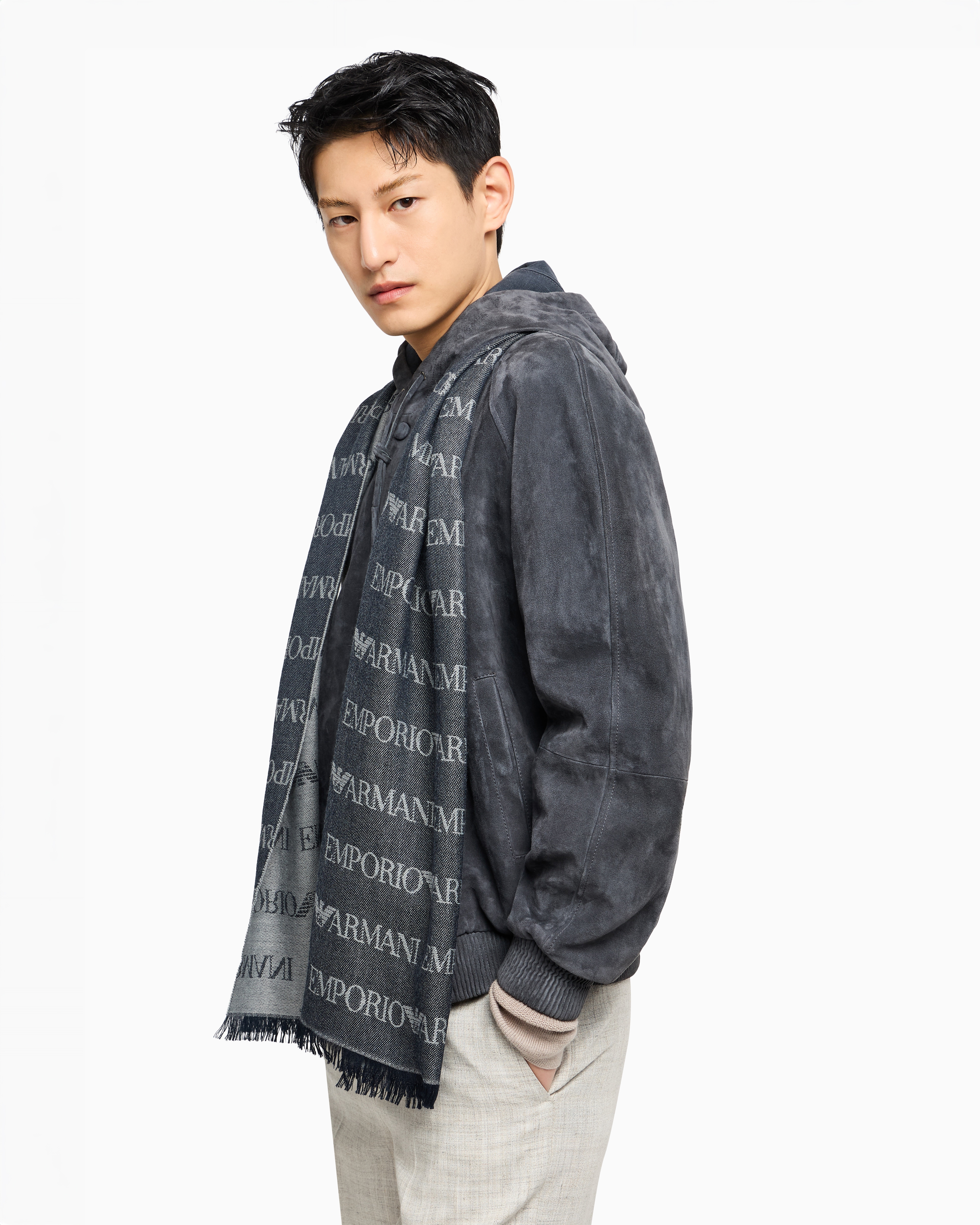 Emporio Armani Virgin-wool Blend Scarf With Jacquard Logo Lettering And Fringes In Blue