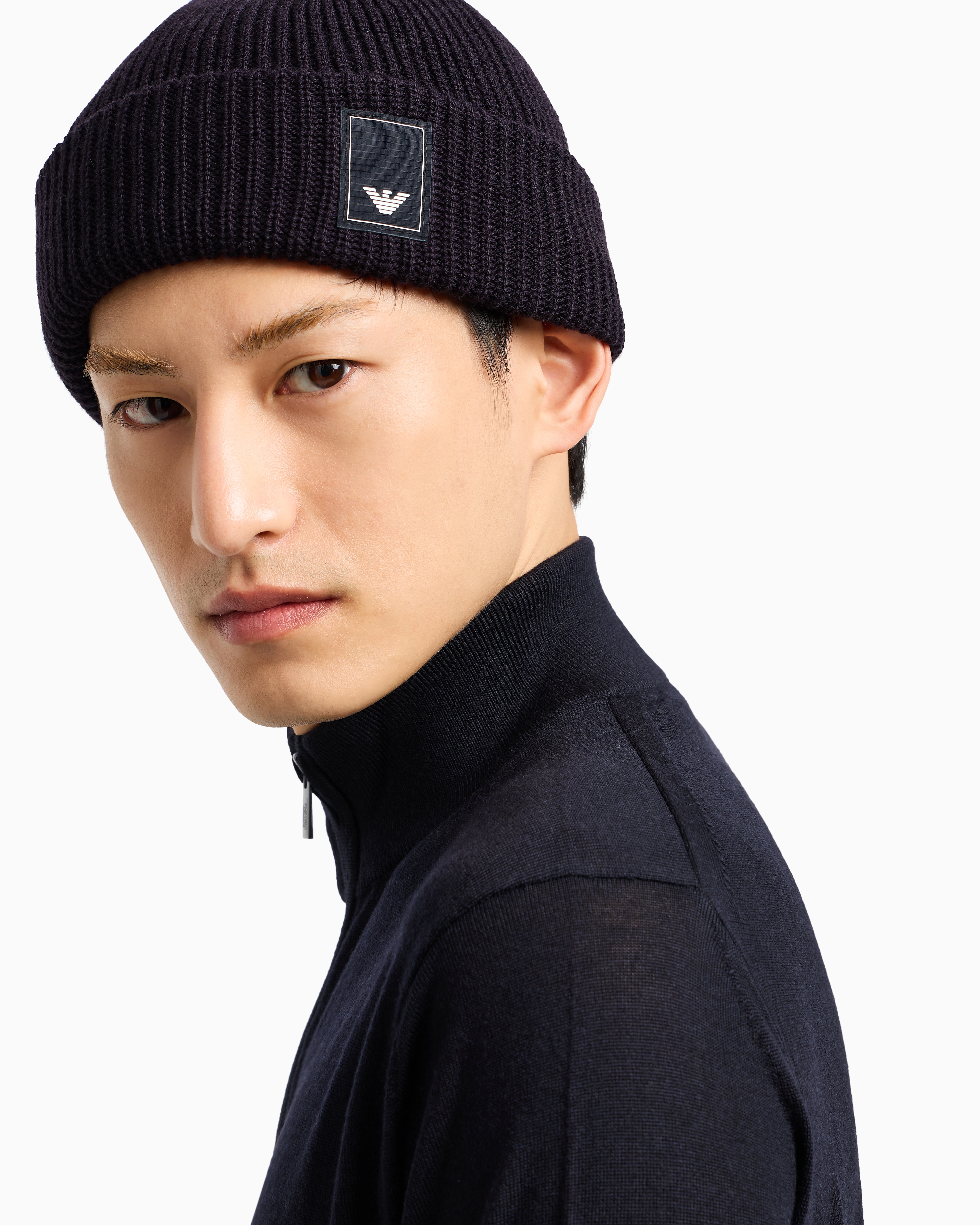 Emporio Armani Logo-patch Ribbed-knit Wool Beanie In Black