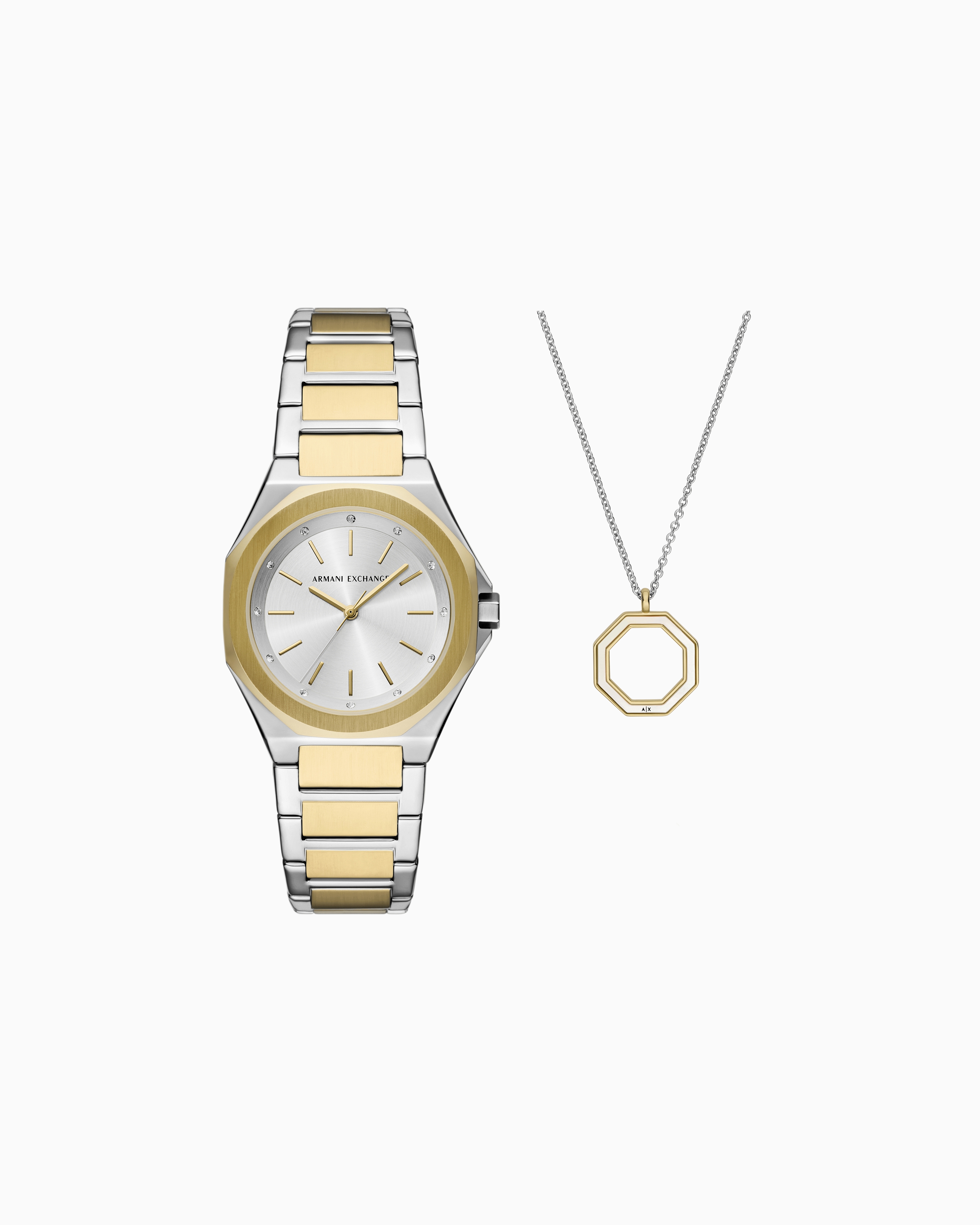 Armani Exchange Three-hand Two-tone Stainless Steel Watch And Necklace Set In Multicoloured