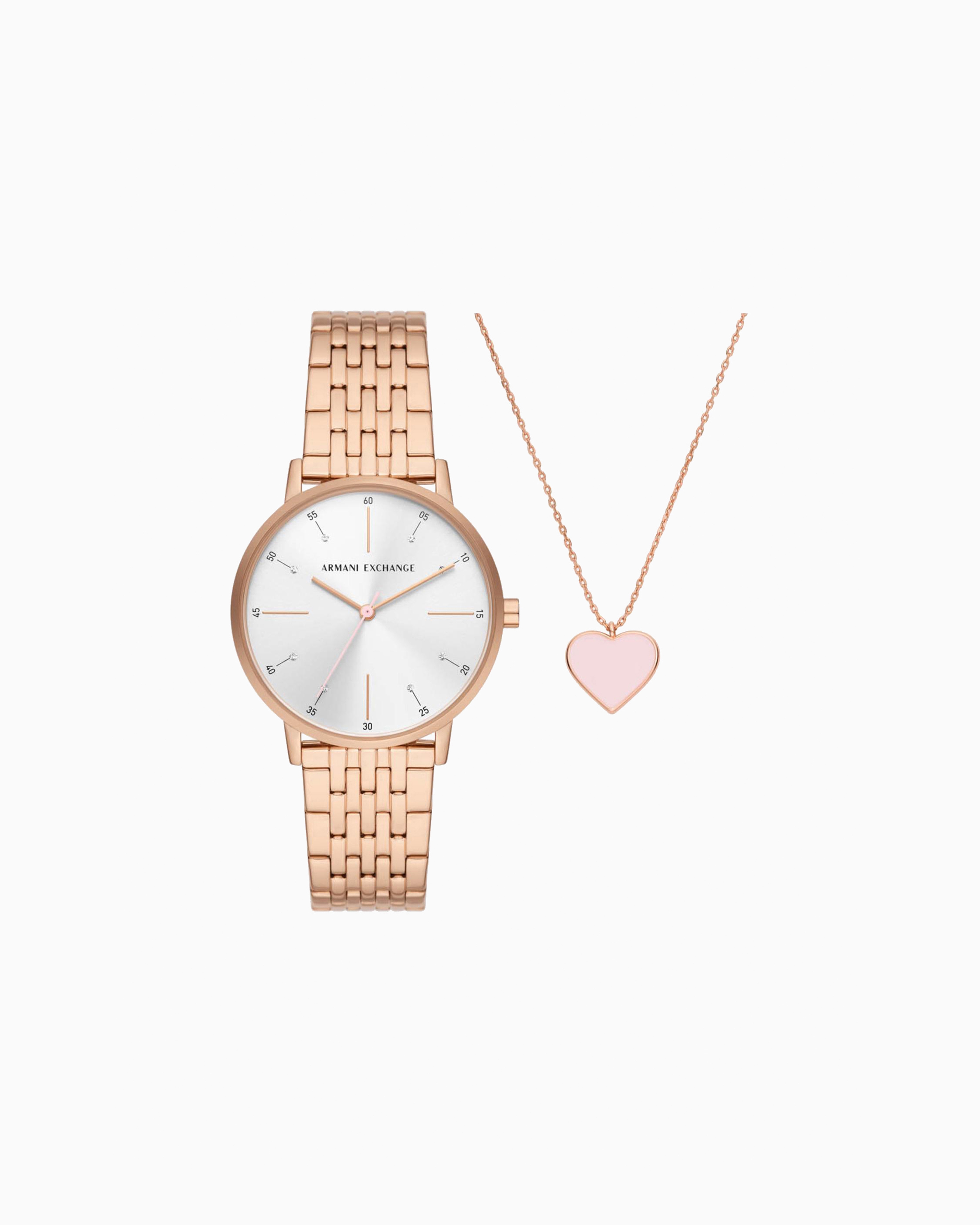 Armani Exchange - Three-hand watch and necklace set in rose gold-tone stainless steel, Woman, Multicoloured, Size: TU