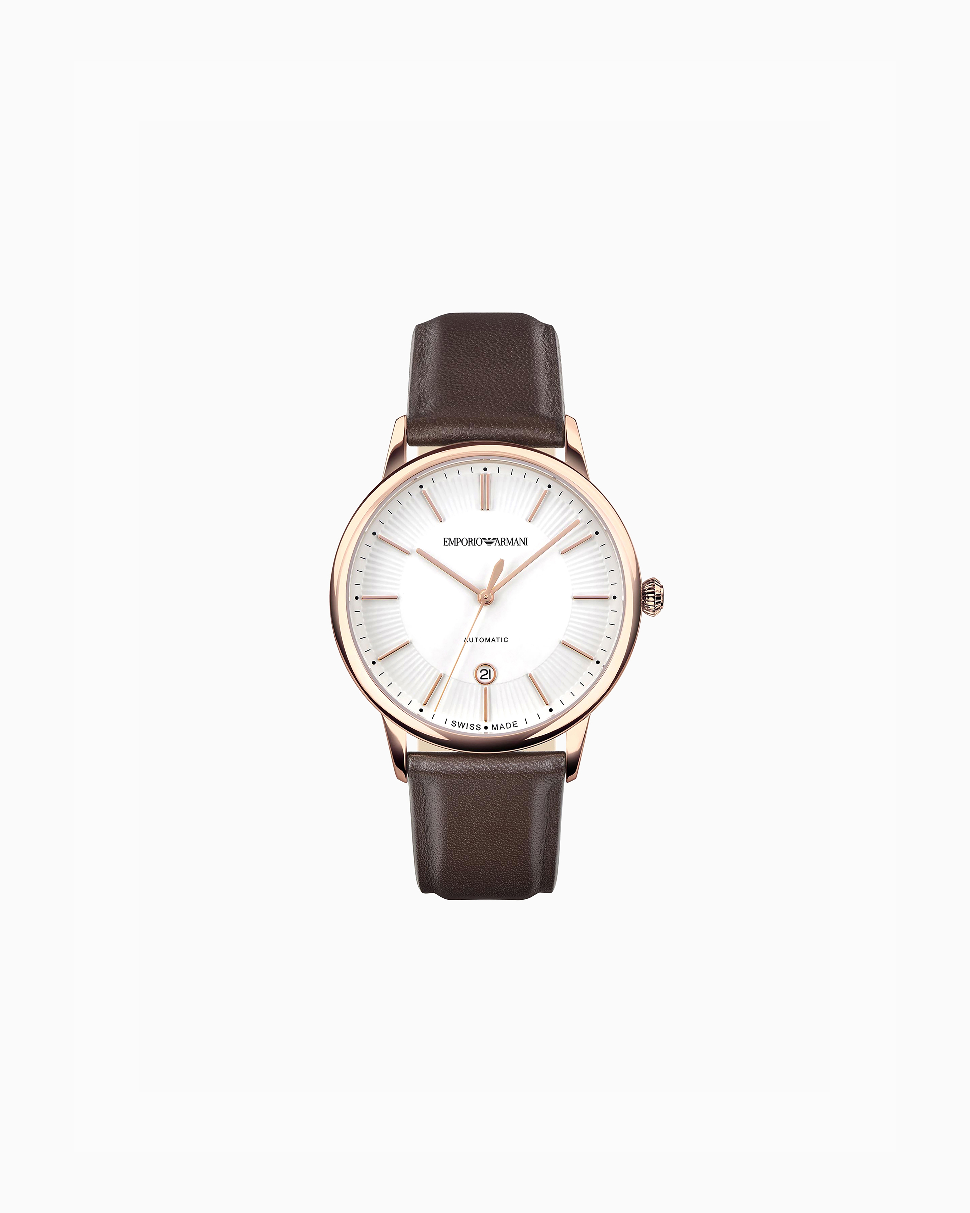 Emporio Armani Swiss Made Automatic Brown Leather Watch In Multicoloured