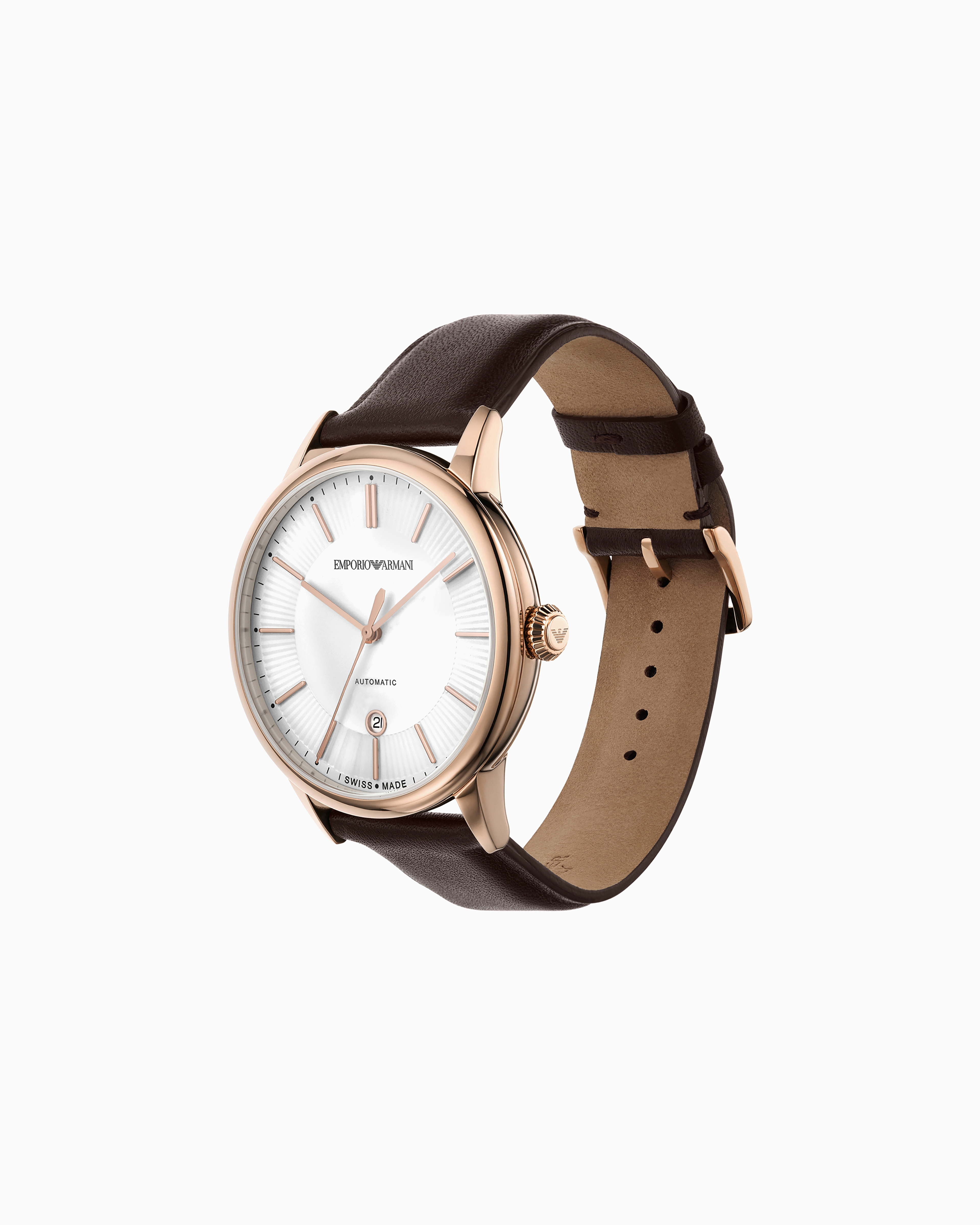 Emporio Armani Swiss Made Automatic Brown Leather Watch In Multicoloured