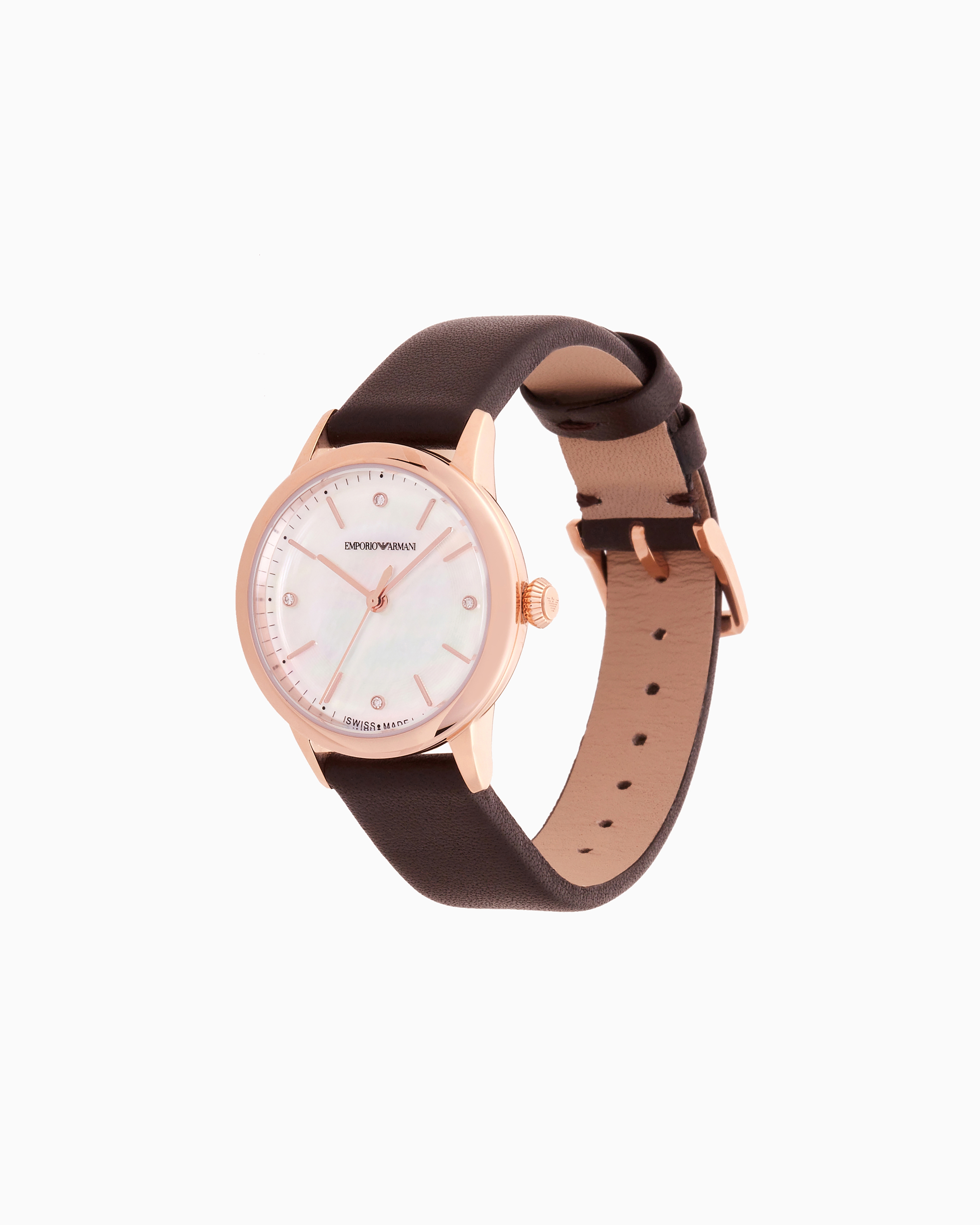 Emporio Armani Swiss Made Automatic Brown Leather Watch In Multicoloured