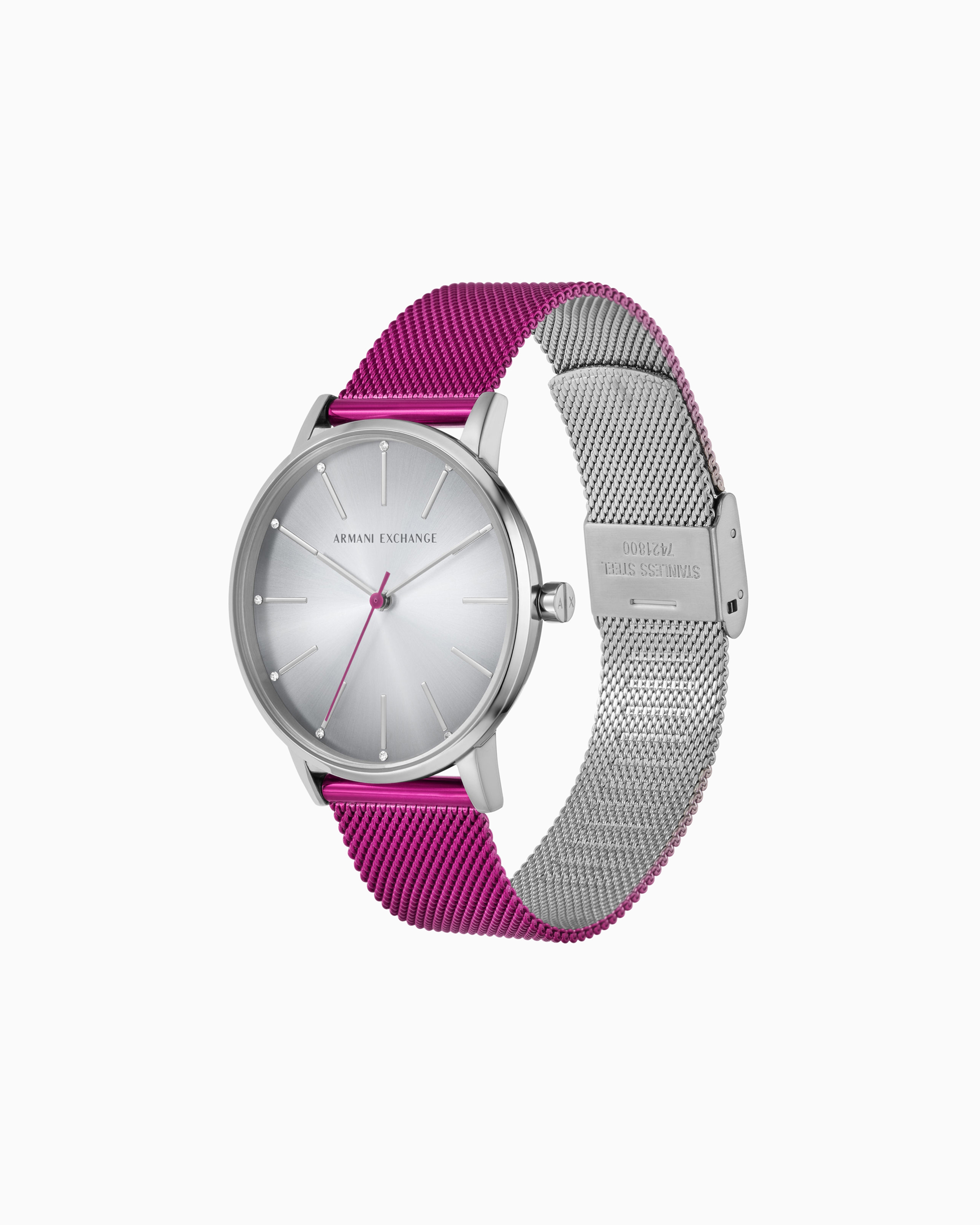 Pink stainless steel mesh three-hand watch