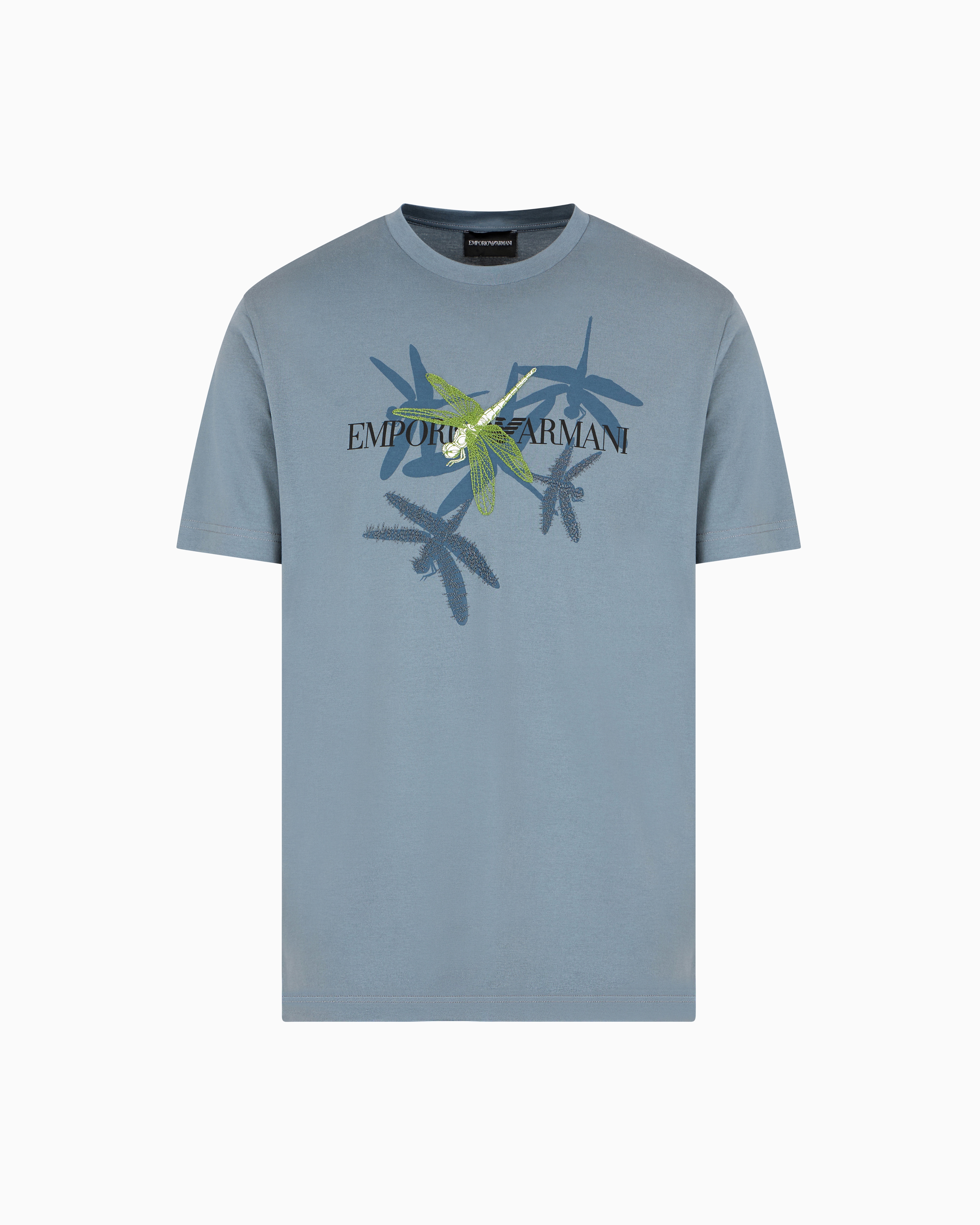 Emporio Armani Jersey T-shirt With Dragonfly Print And Embroidery In Blue