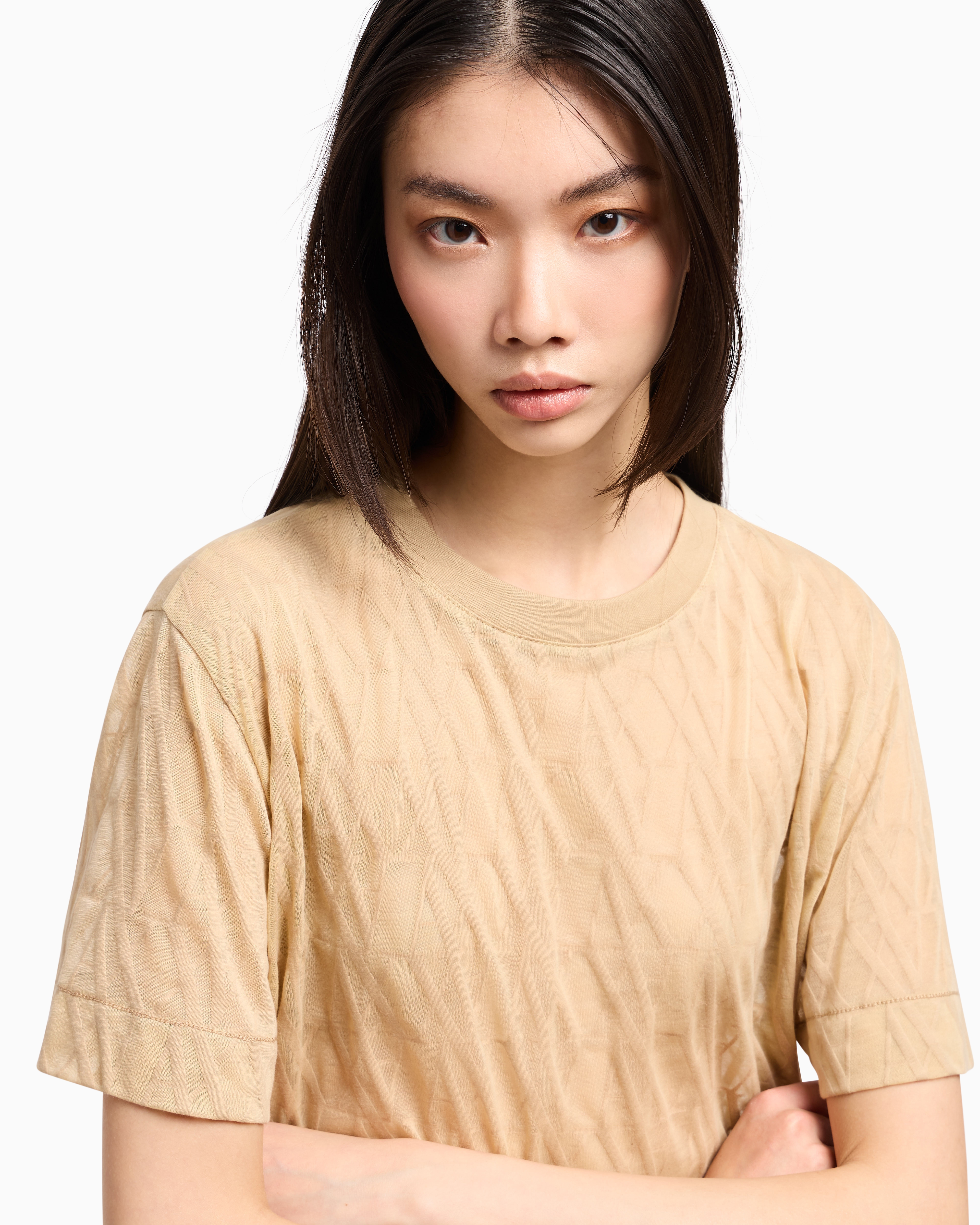 Armani Exchange - Regular fit t-shirt with allover logo, Woman, Beige, Size: