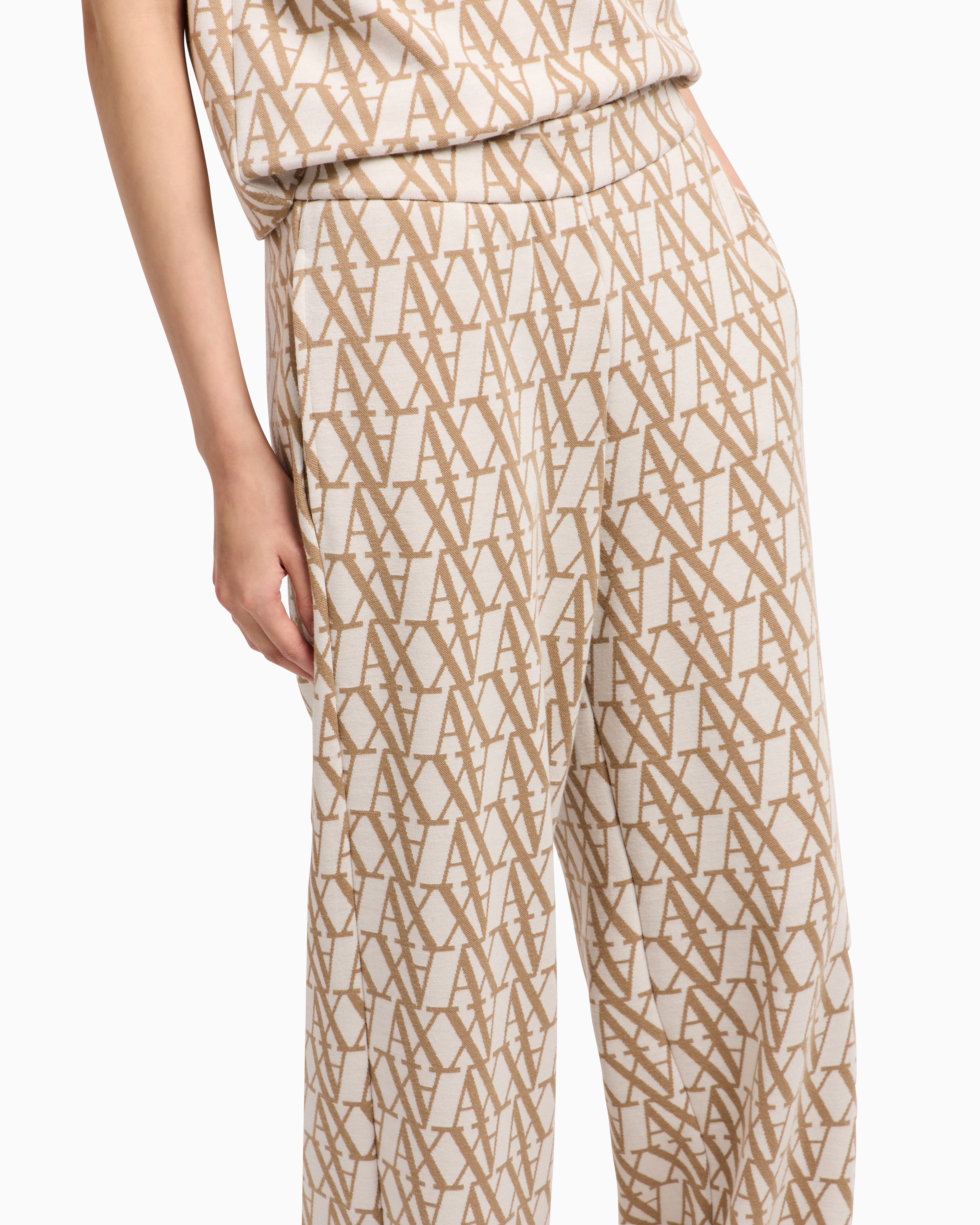 Armani Exchange Wide-leg Jacquard Trousers With Allover Logo In White
