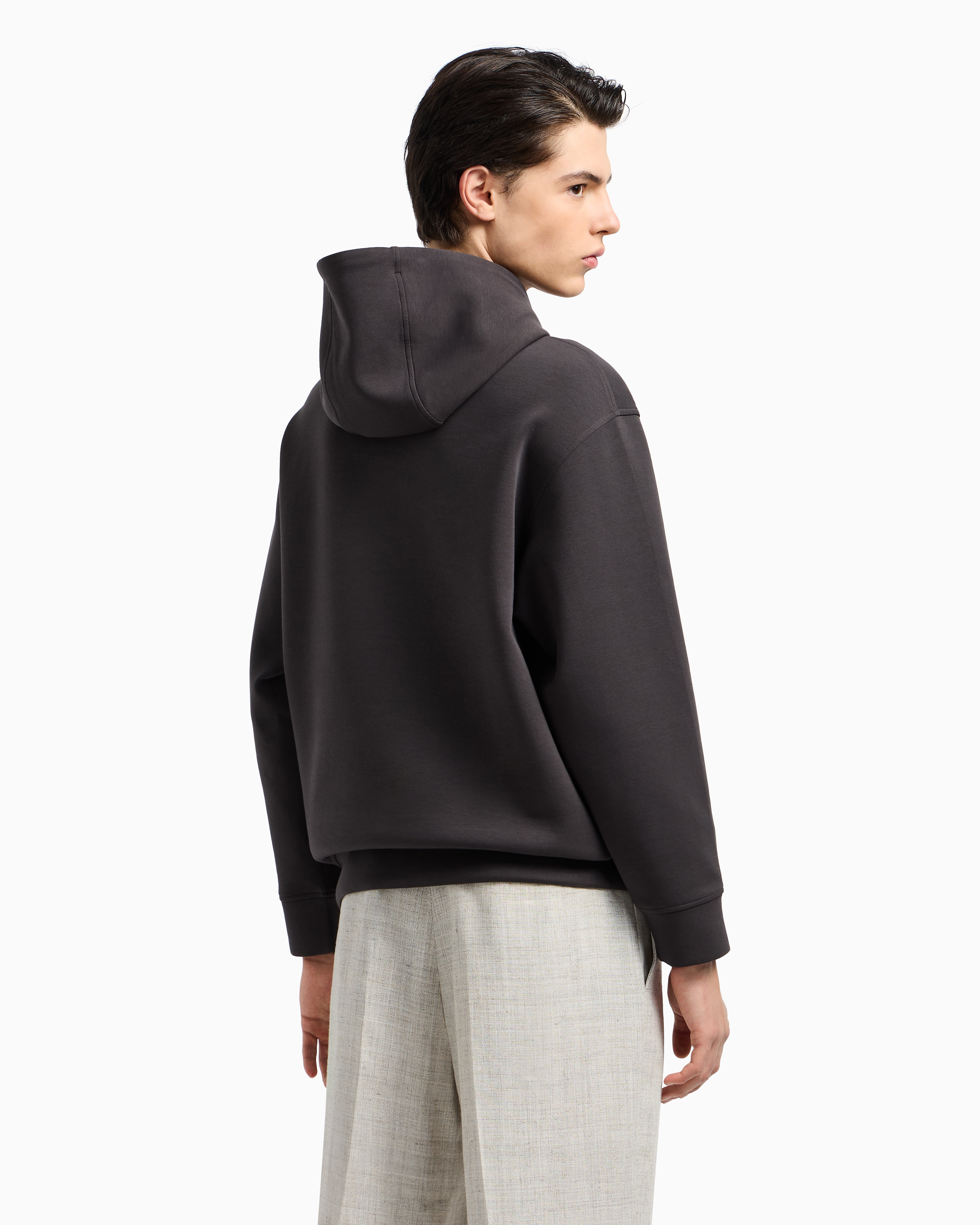 Emporio Armani Loose-fit Hooded Sweatshirt In Double Jersey With A Flower Print In Grey