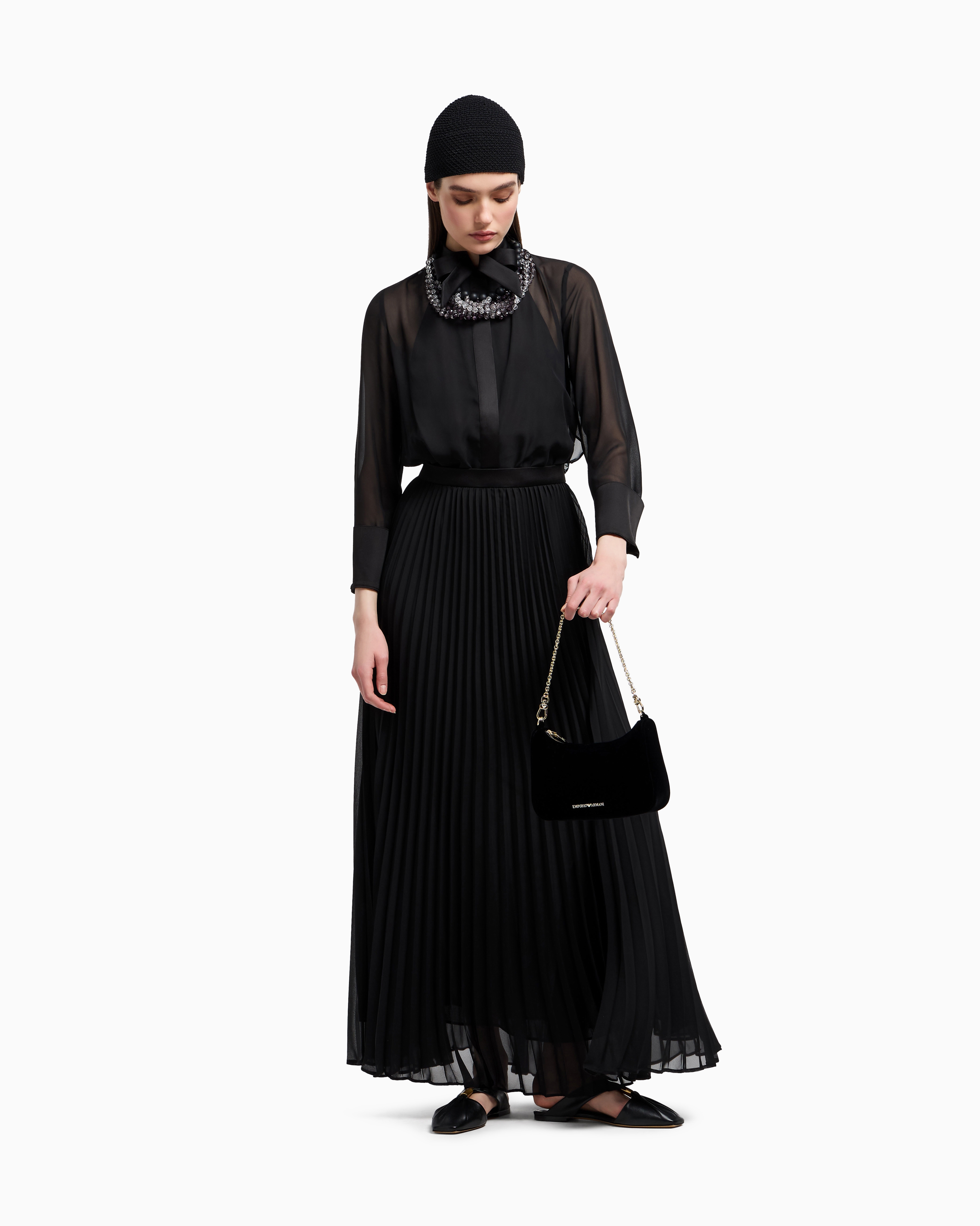 Emporio Armani Technical Georgette Two-piece Effect Long Dress In Black