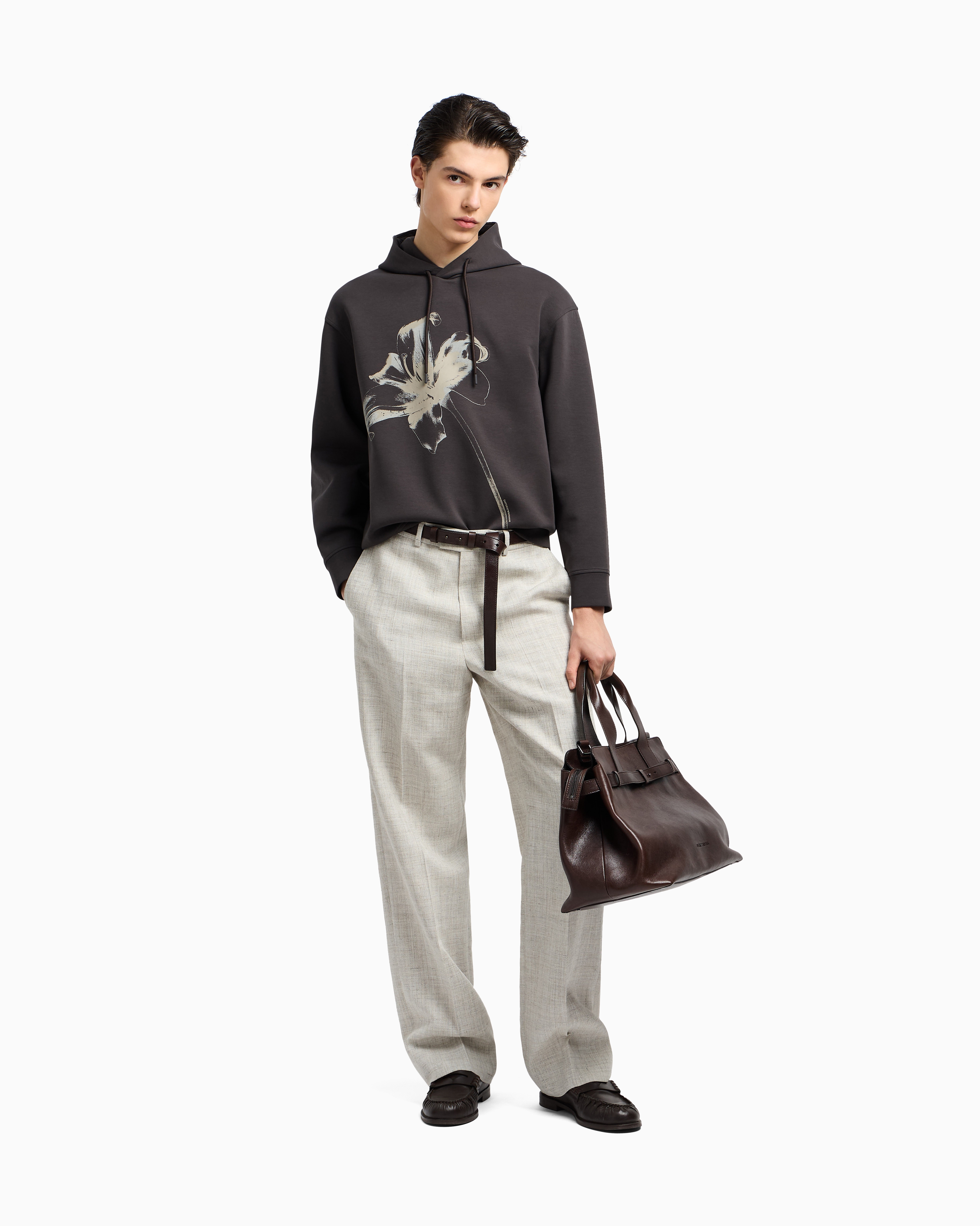 Emporio Armani Loose-fit Hooded Sweatshirt In Double Jersey With A Flower Print In Grey