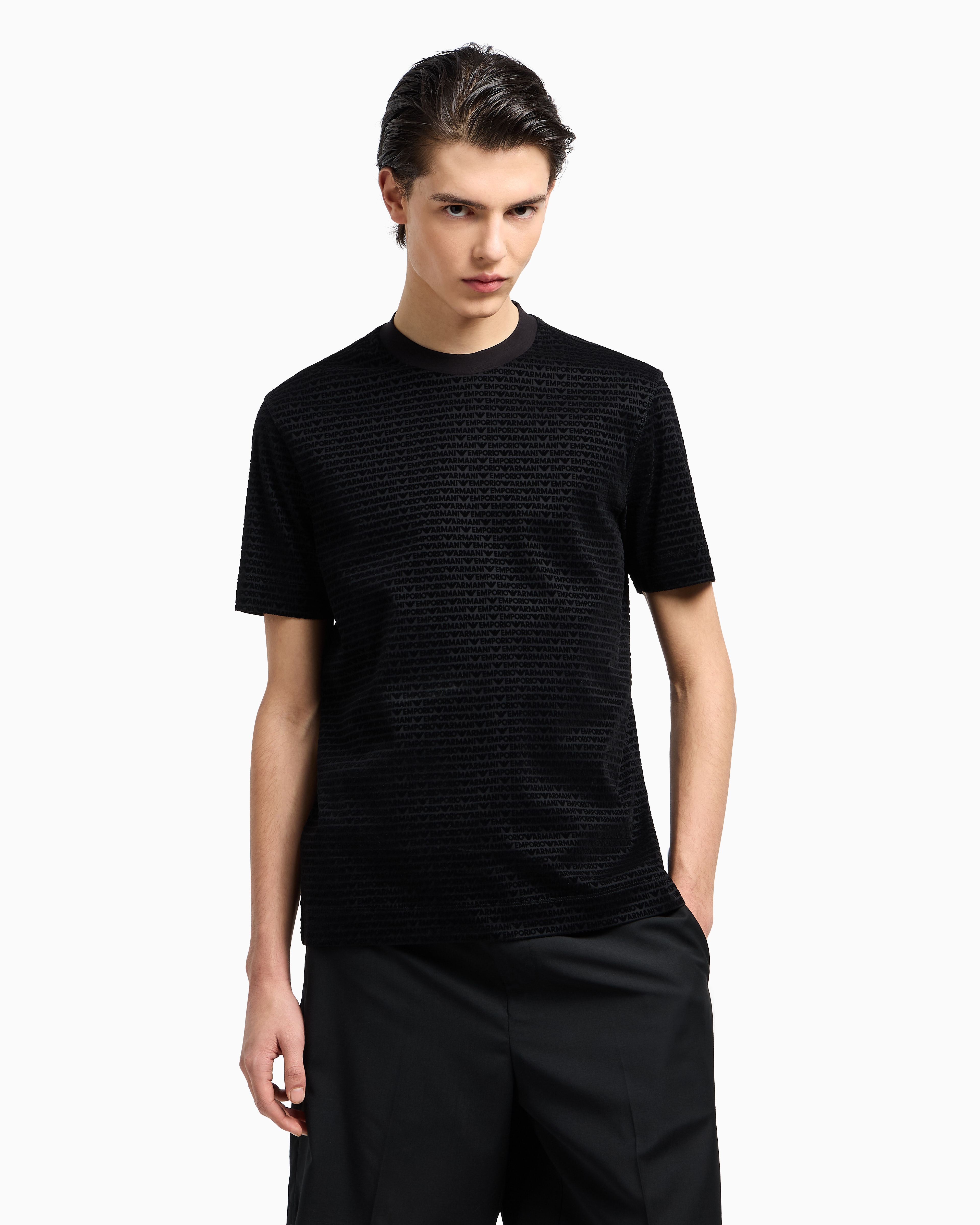 Emporio Armani Official Store Asv Lyocell-blend Jersey T-shirt With All-over Flocked Logo Lettering In Black