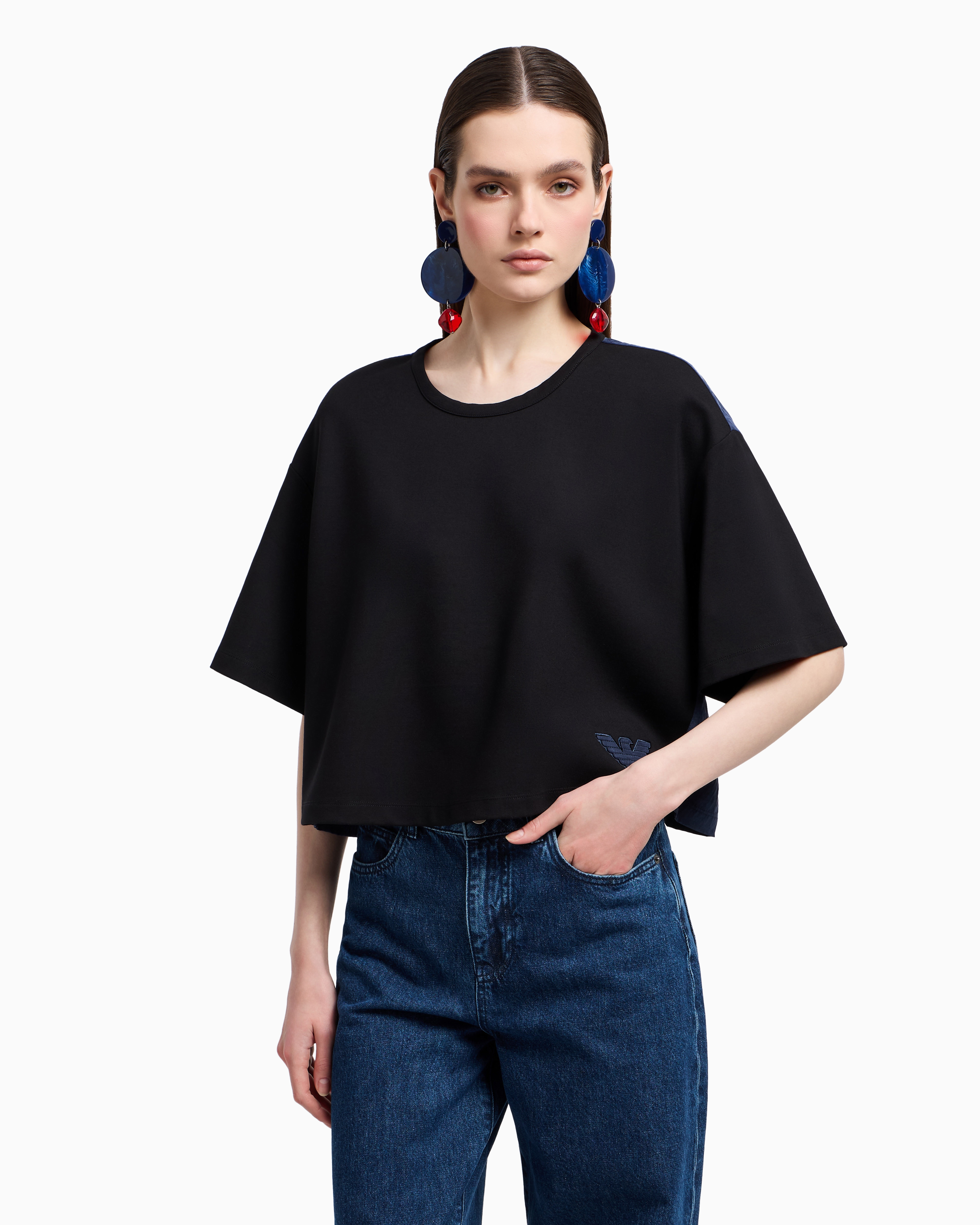 Emporio Armani Short-sleeved Interlock Jersey Sweatshirt In Black