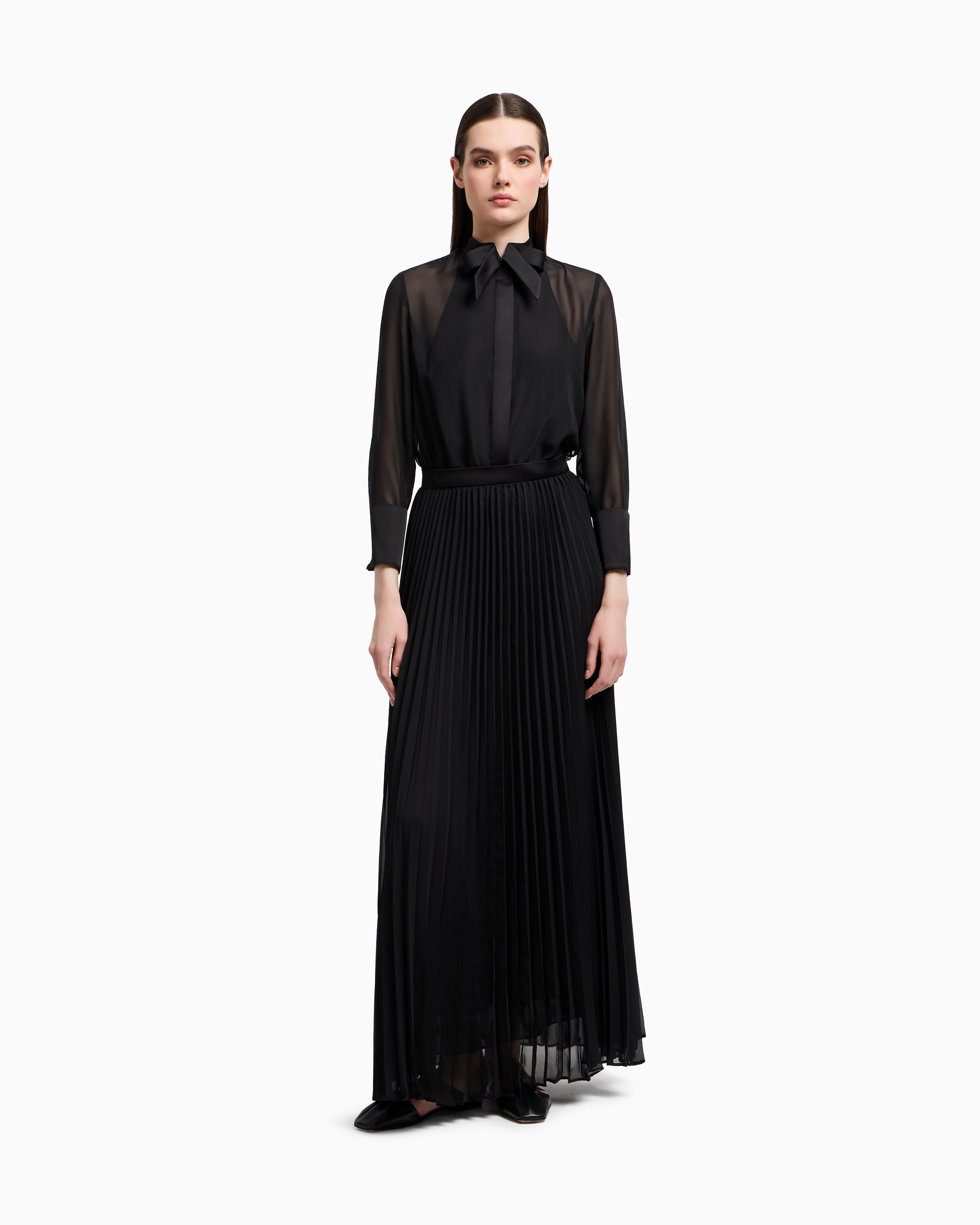 Emporio Armani Technical Georgette Two-piece Effect Long Dress In Black