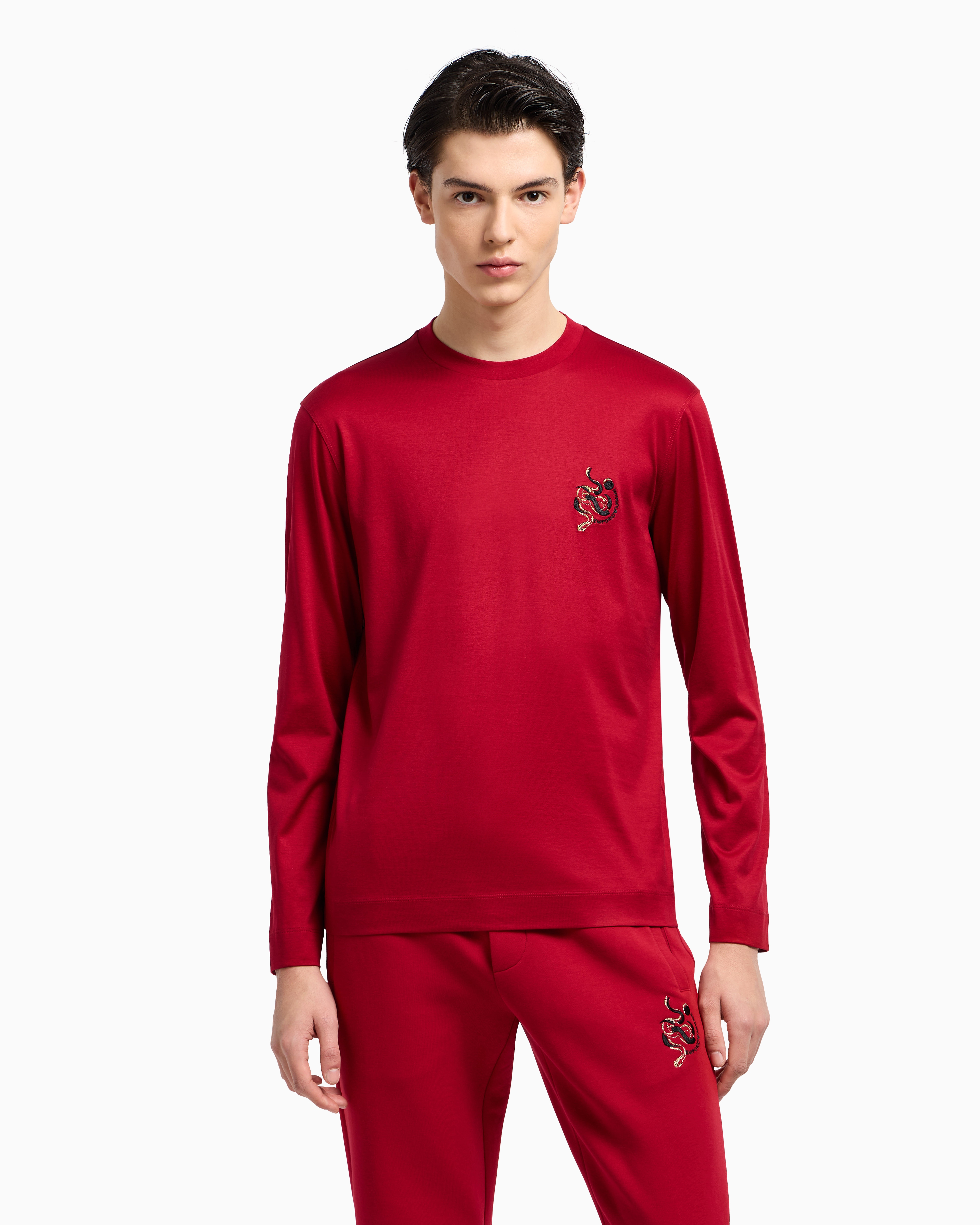 Emporio Armani Asv Lyocell Blend Jersey Jumper With Lunar New Year Embroidery In Red