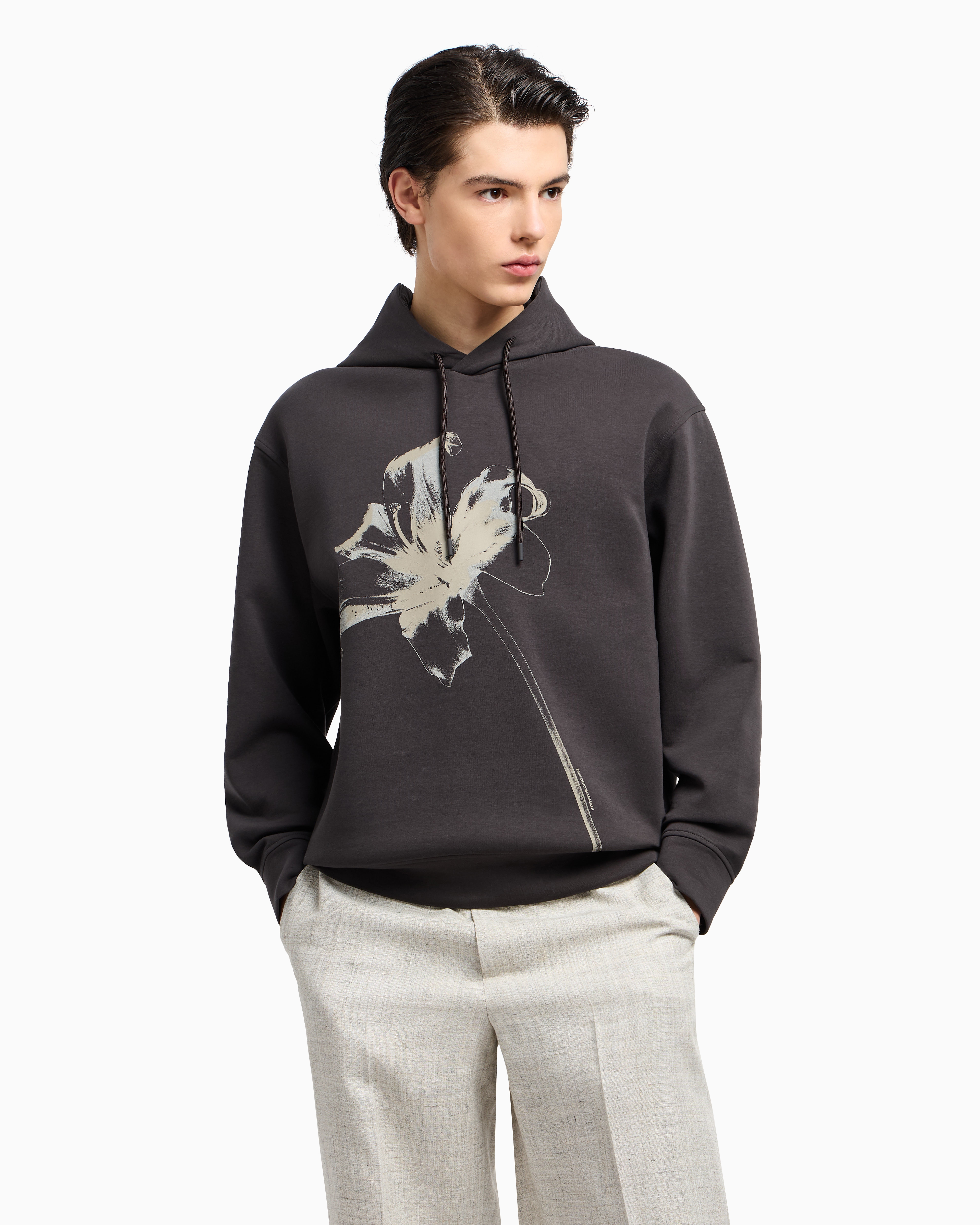 Emporio Armani Loose-fit Hooded Sweatshirt In Double Jersey With A Flower Print In Grey