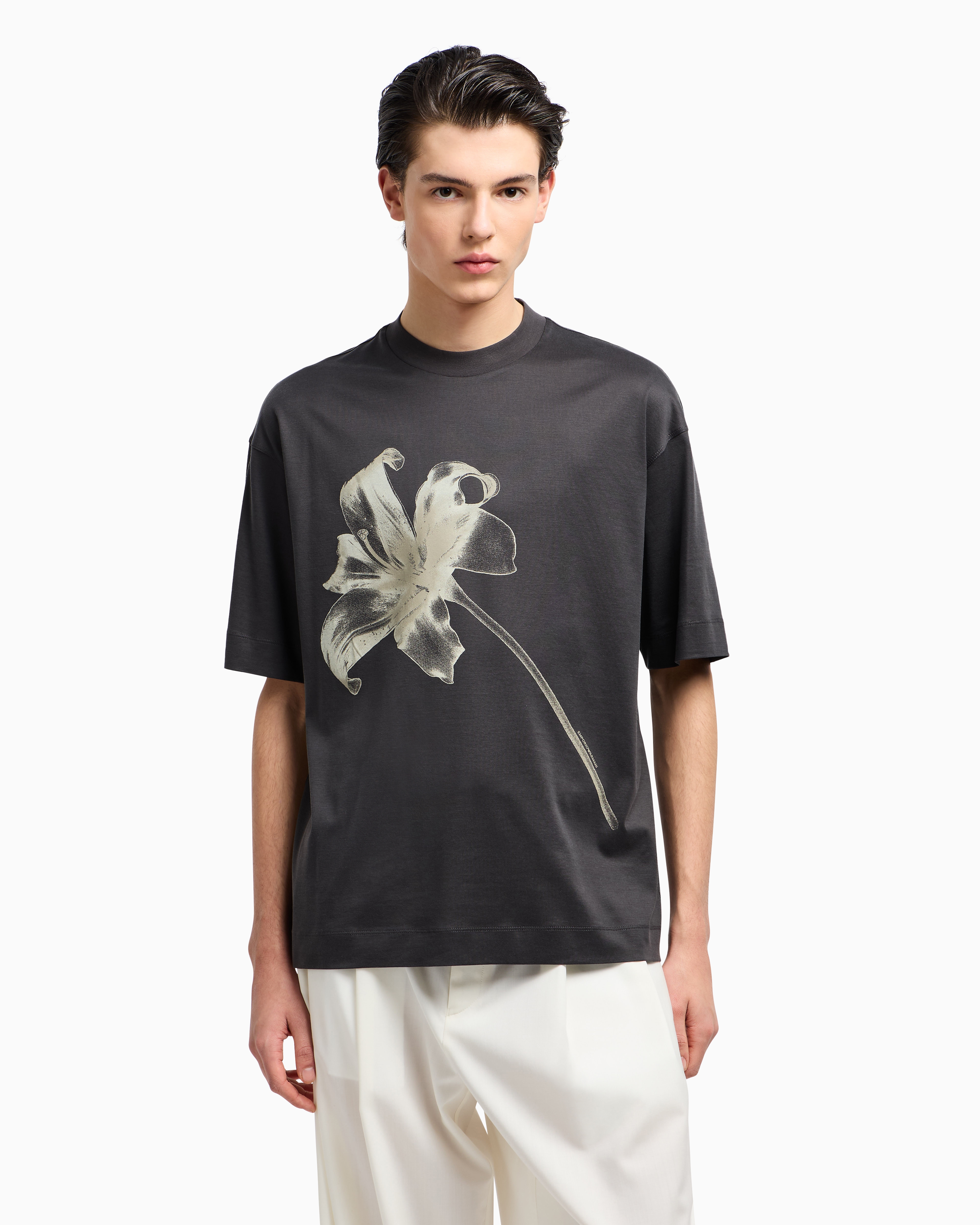 Emporio Armani Asv Lyocell Blend Jersey Oversized T-shirt With Lily Print In Grey