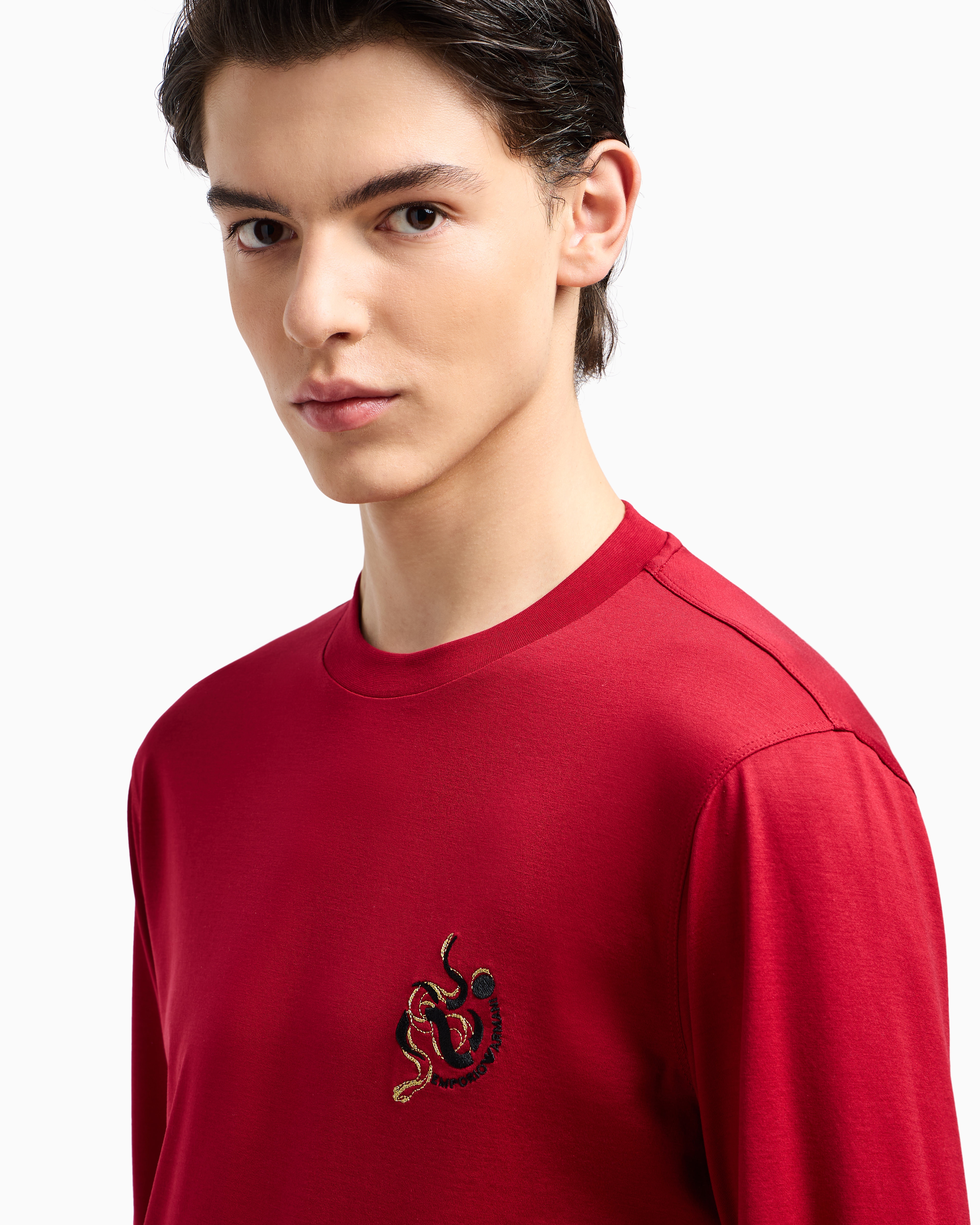 Emporio Armani Asv Lyocell Blend Jersey Jumper With Lunar New Year Embroidery In Red